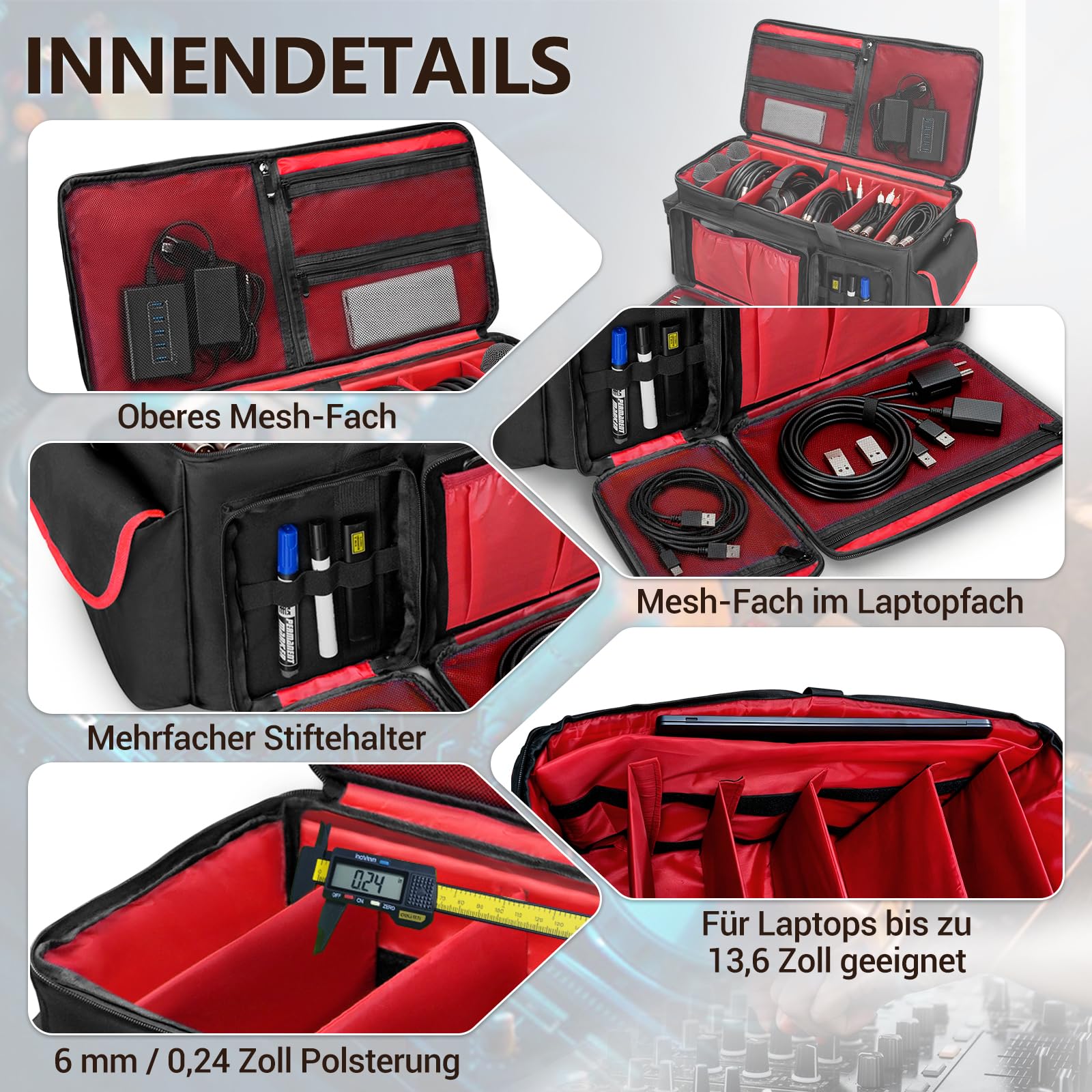 SUNDOY Organizador de equipos de audio, organizador de cables de DJ con 6 divisores ajustables, bolsa impermeable para micrófonos, cables, mesa de mezcla, portátil y accesorios de audio, Negro , L