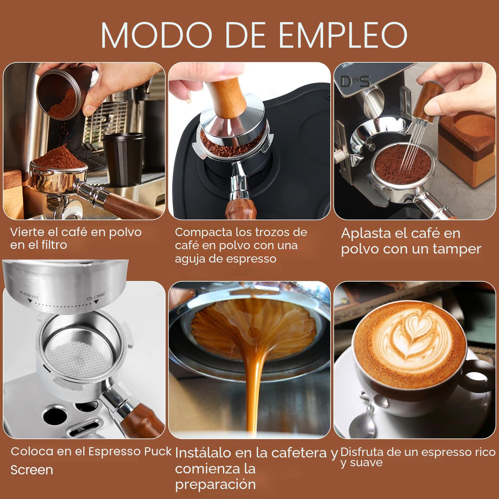 Prensadores de Café, 51mm Filtro Portafiltro Café sin Fondo, Agitador de Café expreso, 5 agujas, Tamper Prensadores de Café con Alfombrilla Cafe, Madera Café Tamper Espresso Kit Set