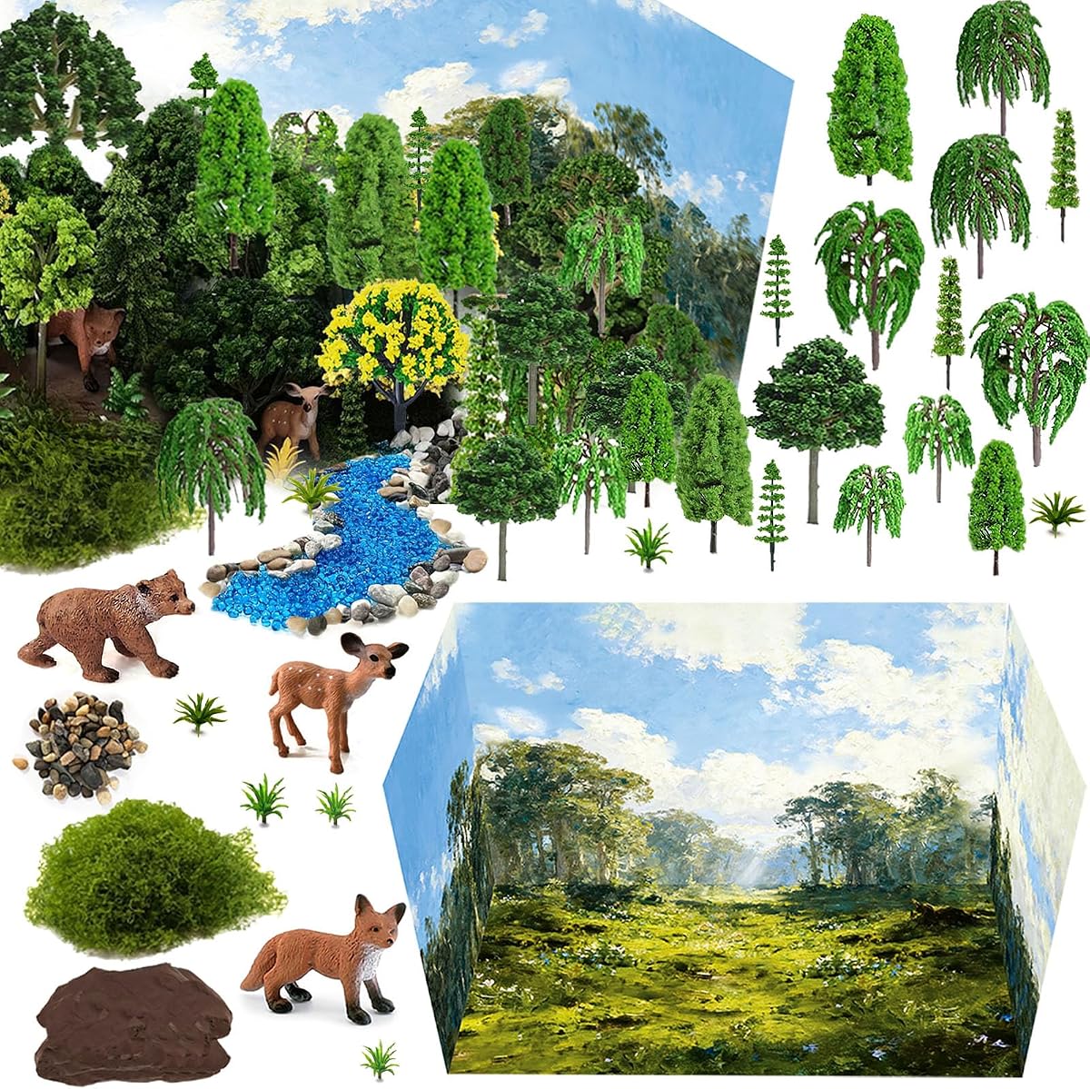 Jungle Diorama Kit, 37Pcs, Rainforest Animals Figures, Model Trees, Diorama Box with Mini Rocks, Clay, Moss for Model Scenery Kits School Projects