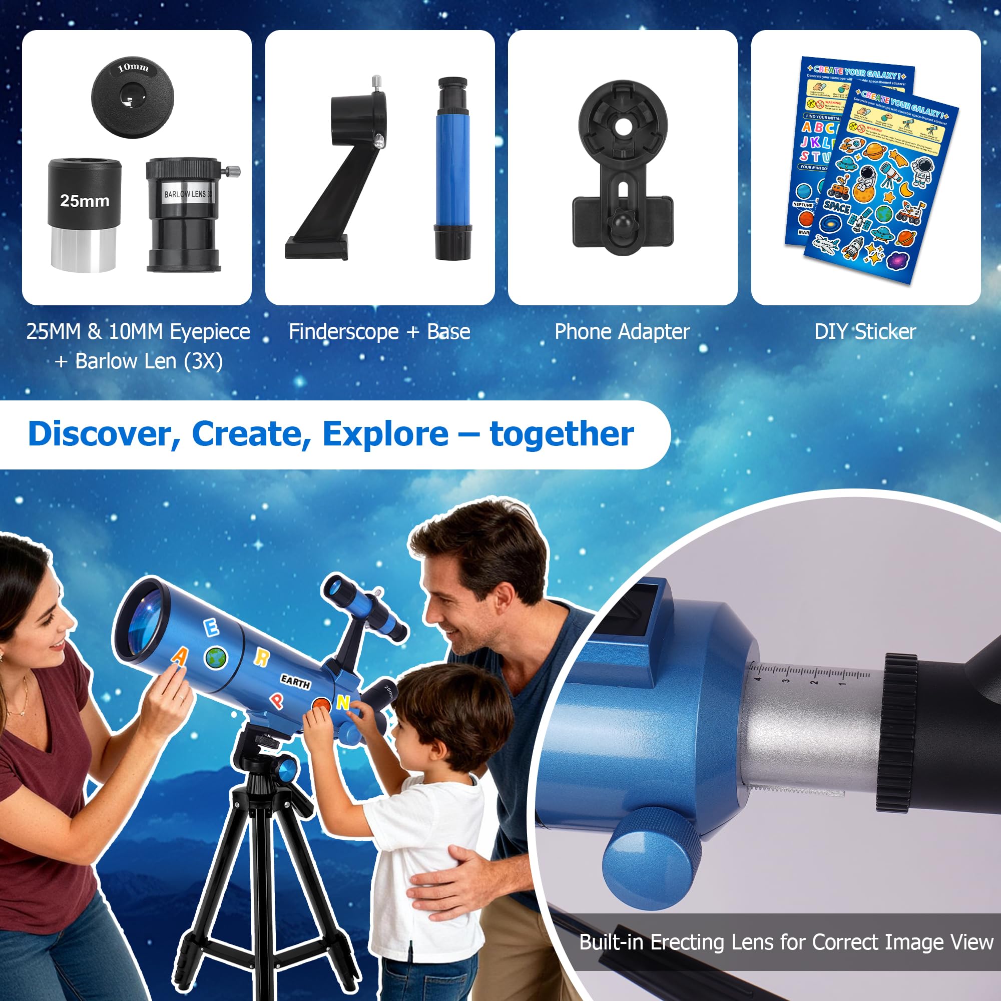 Telescopio per adulti e bambini - 80500 rifrattore telescopio per principianti, portatile con zaino, supporto per cellulare - versione blu elettrico