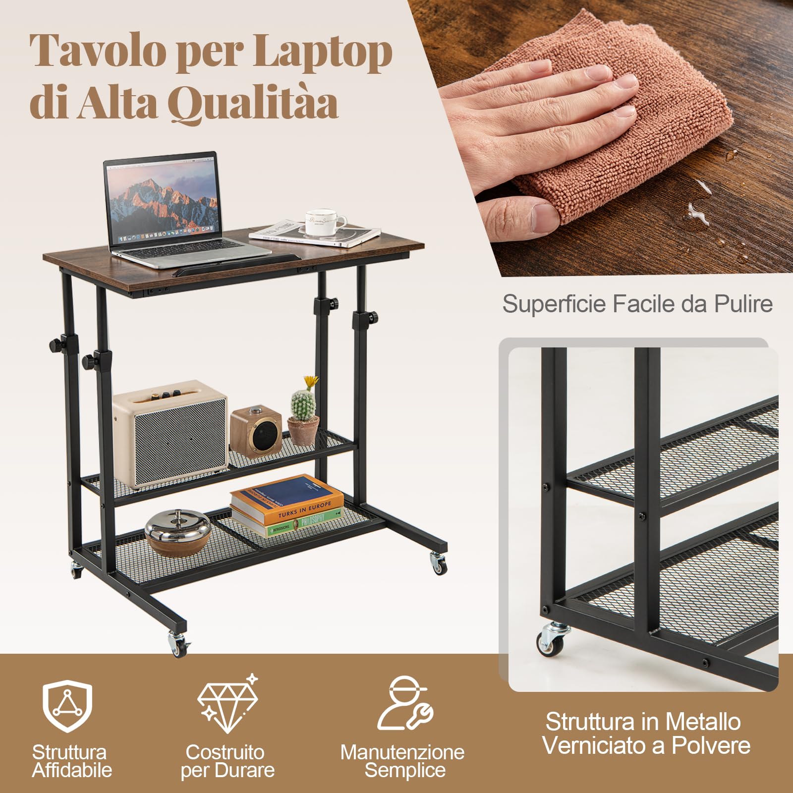 COSTWAY Tavolino da Divano e Letto, Tavolo Regolabile in Altezza con Ruote Bloccabili, Piano Inclinabile e Mensole Portaoggetti, Mobile Versatile per Salotto, Camera da Letto