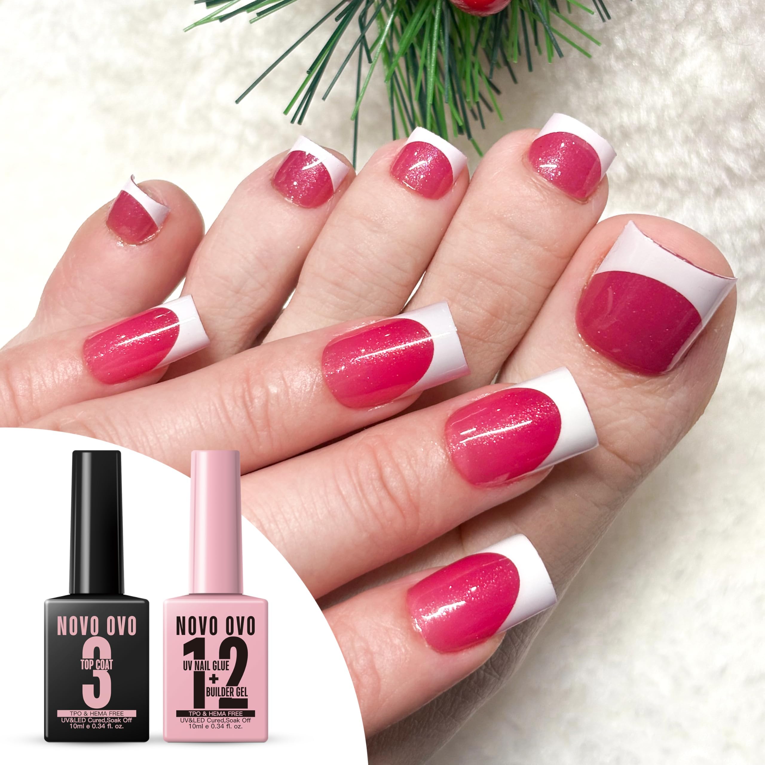 NOVO OVO UV klej do paznokci i żel budujący 2 w 1, zestaw bez potrzeby wycierania, top coat do wstępnie przyciętych francuskich końcówek, HEMA TPO FREE, ekstra mocne trzymanie do akrylowych paznokci