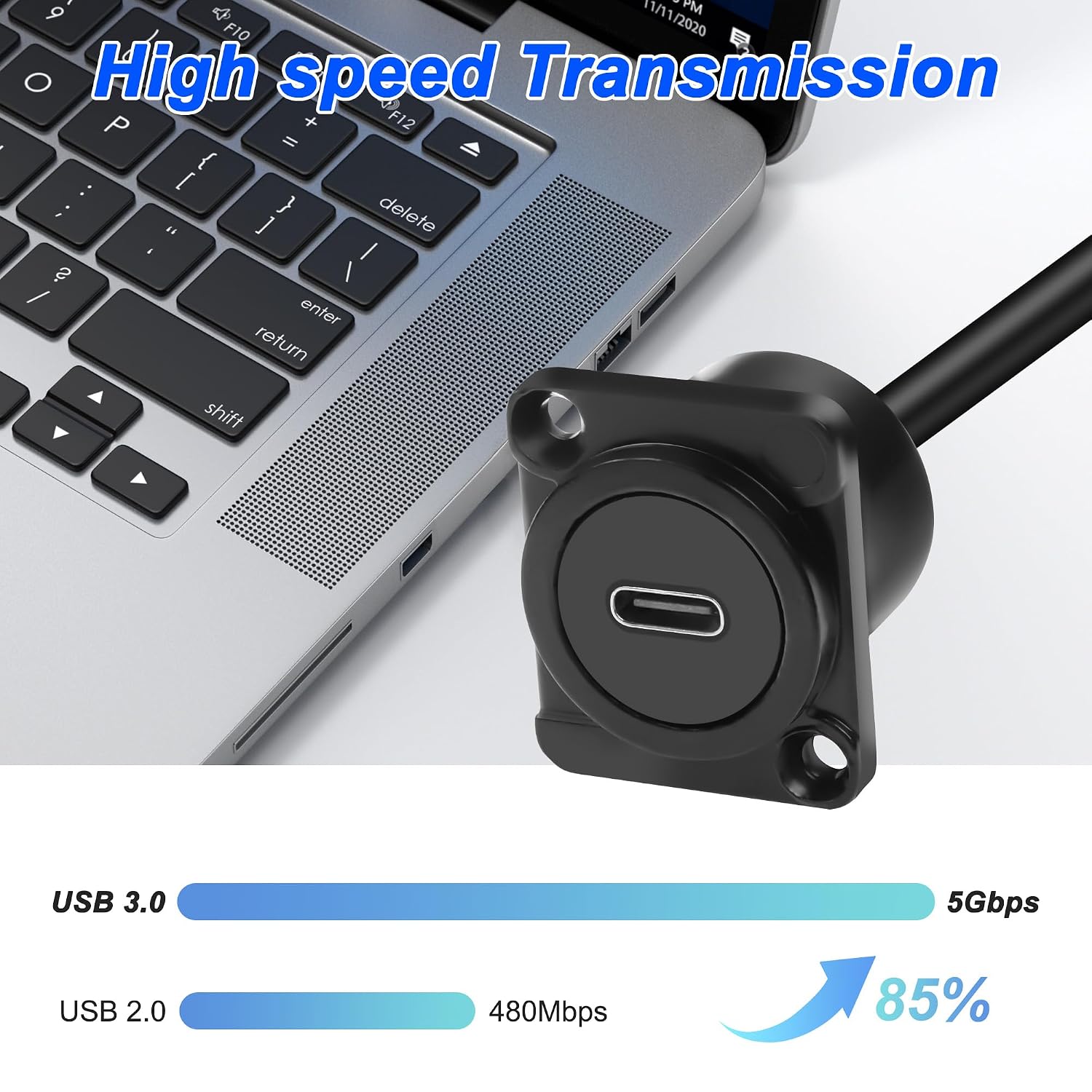 XMSJSIY D-Type USB C 3.0 Panel Mount Extension Cable Type-C Male to C Female Panel Socket Connector Wire Cord for Data Transfer and Charging- 1M/3.2FT