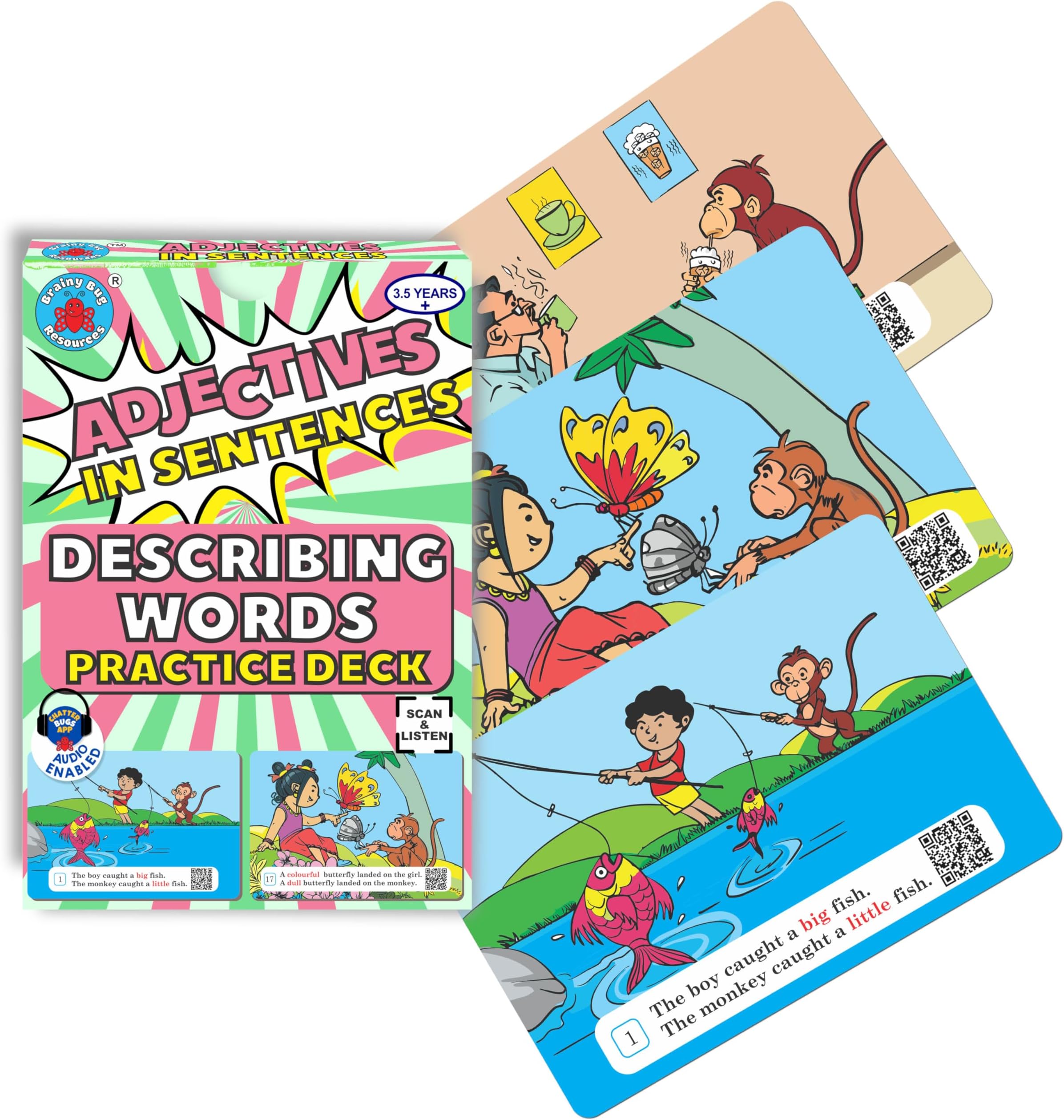 Brainy Bug Adjectives in Sentences | Sentence Building | Audio | 5+ | Designed by speech therapists. App audio in English, Hindi, Tamil, Telugu, Punjabi & Kannada. Ideal for ESL/special needs use