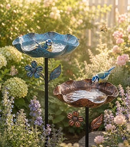 2PCS Metal Bird Bath for Outside, 11” Dia Freestanding Bird Bath Bowl, Upgraded 5 Pronged Base Birdbaths for Outdoors, Standing Bird Feeder Garden Patio Yard Lawn Decor