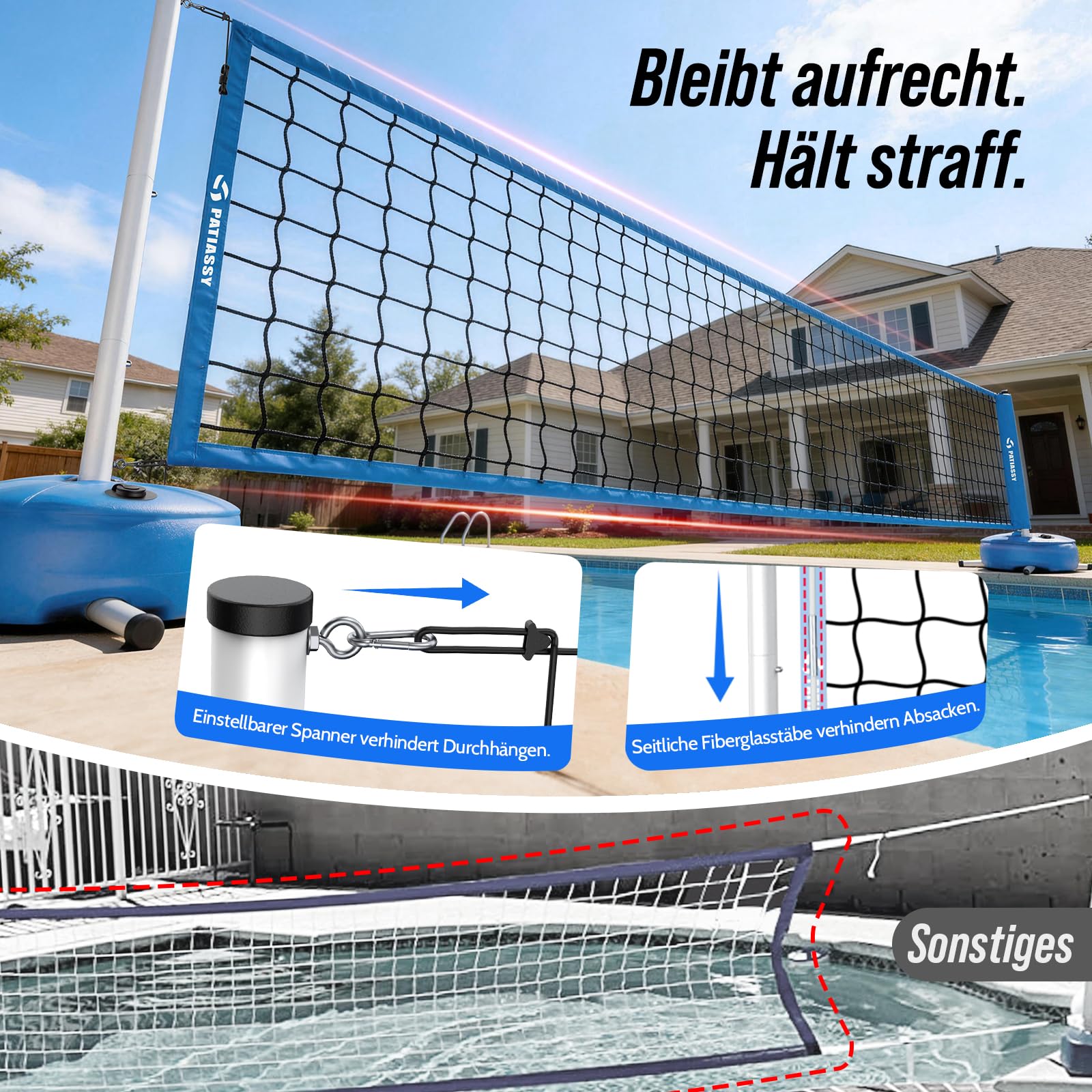 Pool Volleyball-Set, Tragbarer Volleyballnetz Verstellbar 4,5-9,1m mit Volleyball, Stabilem-Stangen Anti-Rost Beschichtung, 27L Wasserbeutel