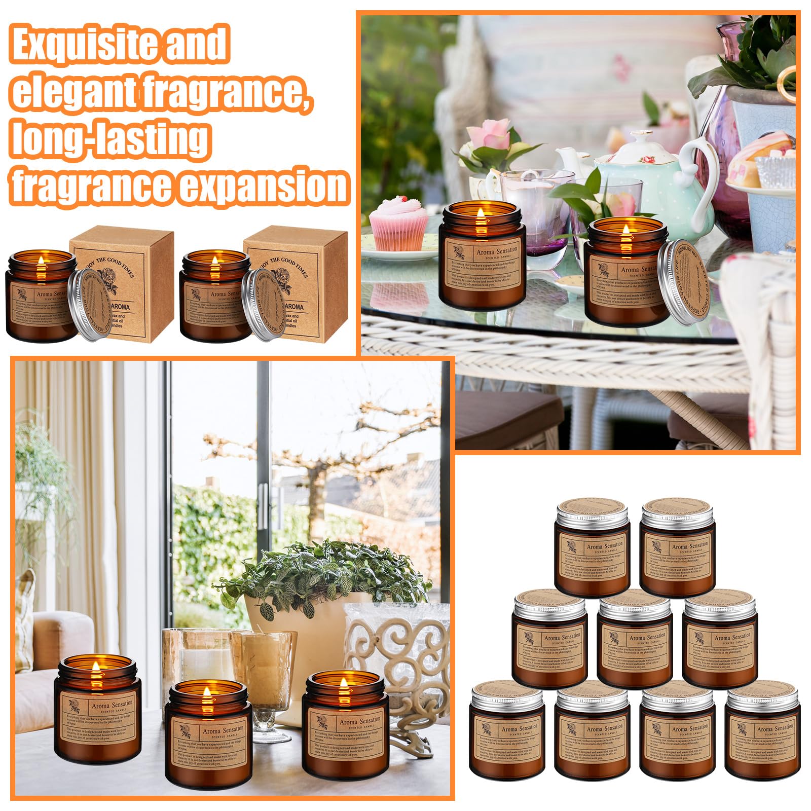 Landhoow Duftkerzen, Aromatherapie-Kerzen, Geschenk-Set für Damen, Sojawachskerzen, langlebig, inspirierende Kerzen für Lehrer, Geburtstag, Jahrestag, 60 Stück (frisch, bernsteinfarben)
