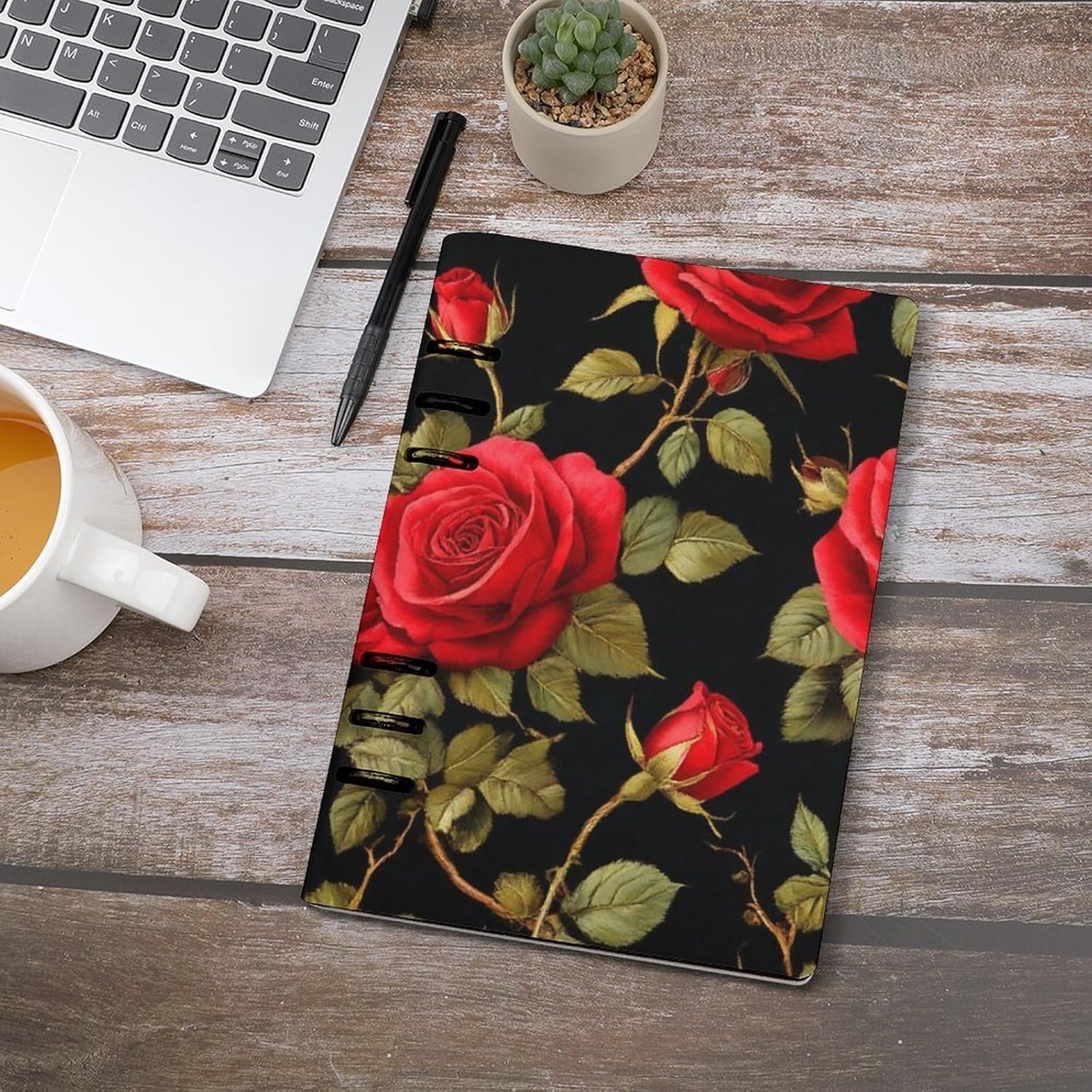OPOZSDF 6 Ring Binder Refillable Journal Notebooks Office Supplies, A5 Pu Leather Travel Personal Planner Notebook Compatible with Floral Flowers Black Red Roses, 90 Sheets