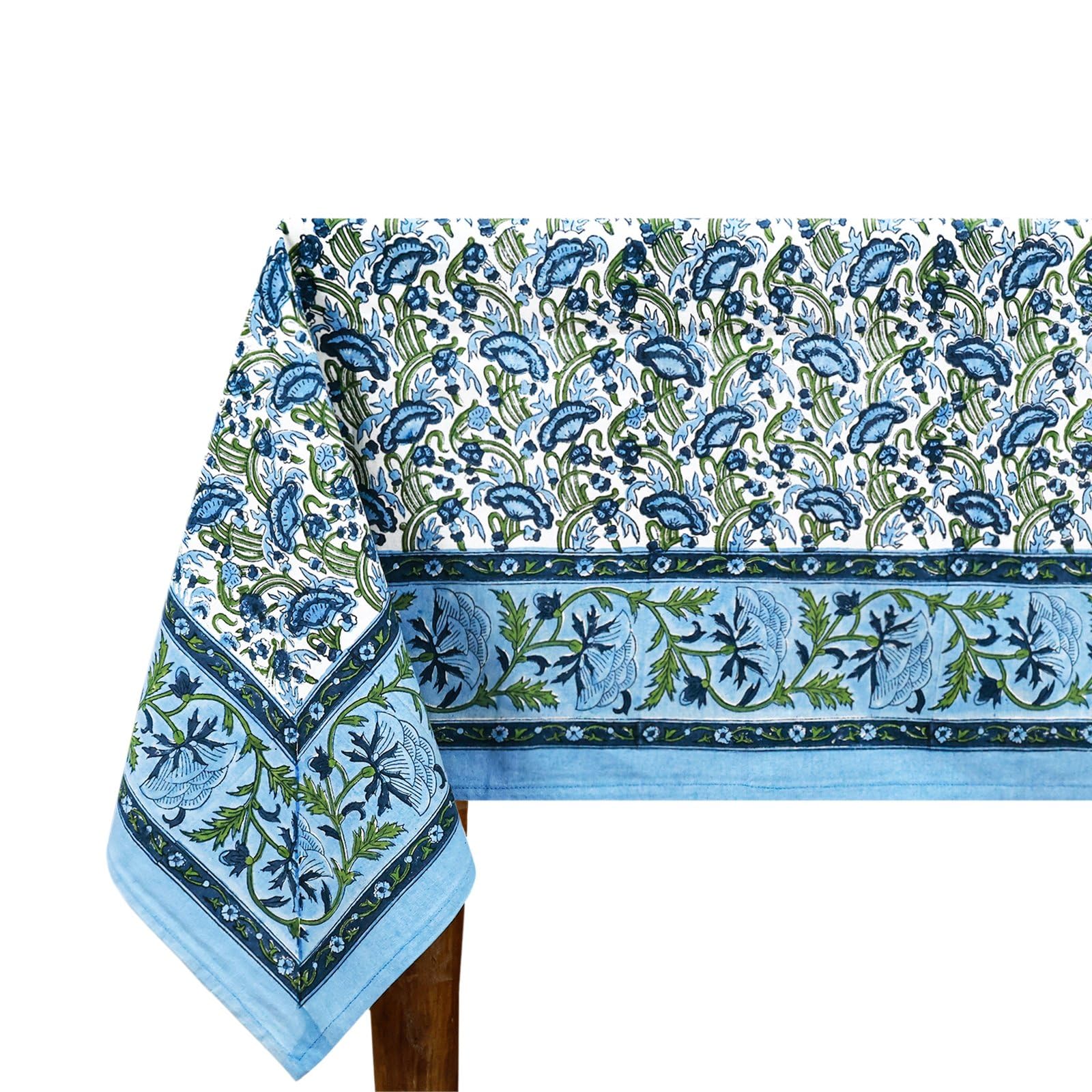 72x190 Inches Rectangle Hand Block Printed Cotton Tablecloth, Blue Green Floral Table Cloths Washable, Indian Table Linen For Valentine Thanksgiving Gifts Home Decor Dinning Outdoor — image 1