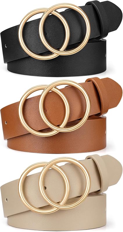 3 Packs Women's Leather Belts For Jeans Dresses Pants Fashion Ladies Waist Belt with Double O-Ring Gold Buckle