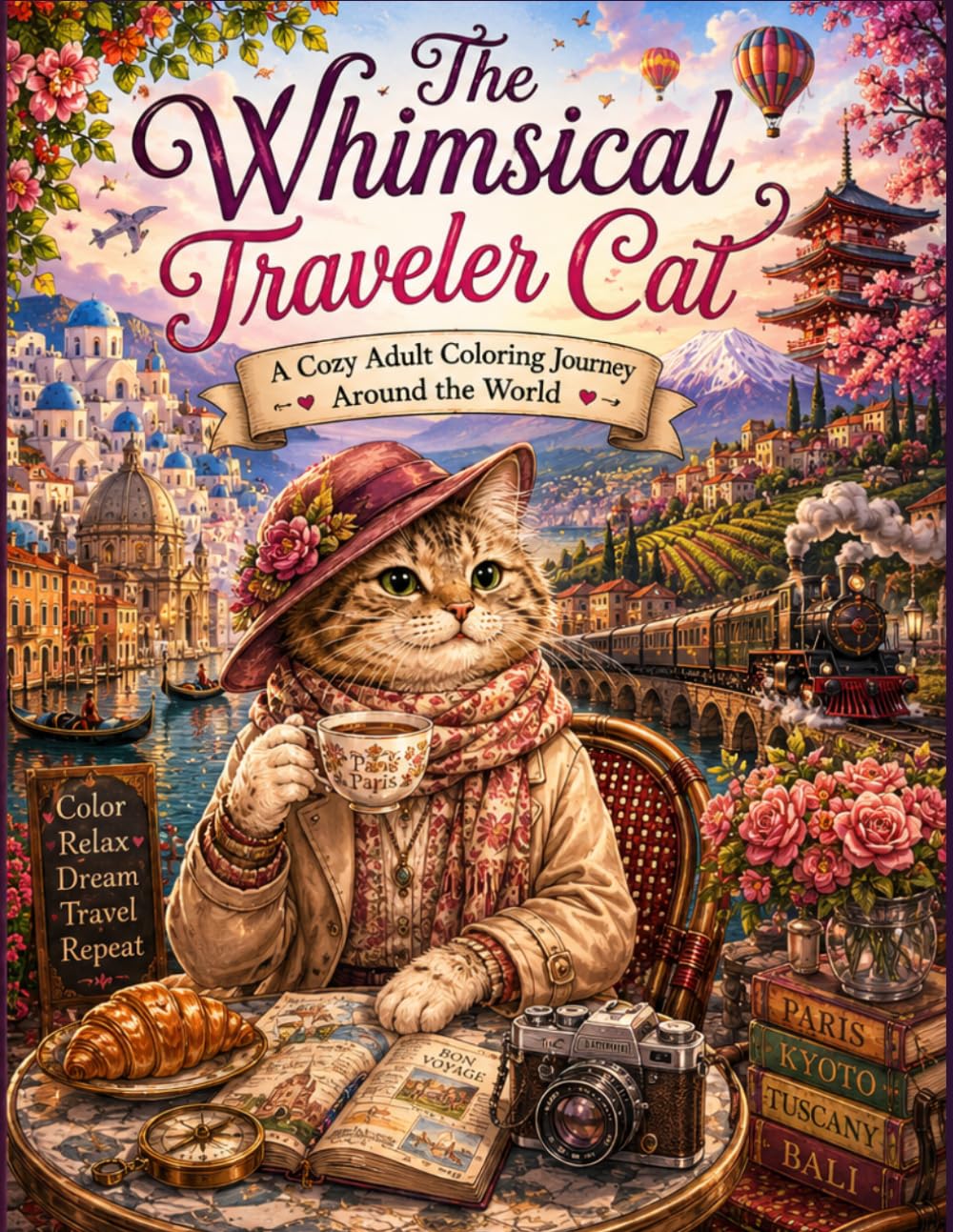 The Whimsical Traveler Cat: A Cozy Adult Coloring Journey Around the World