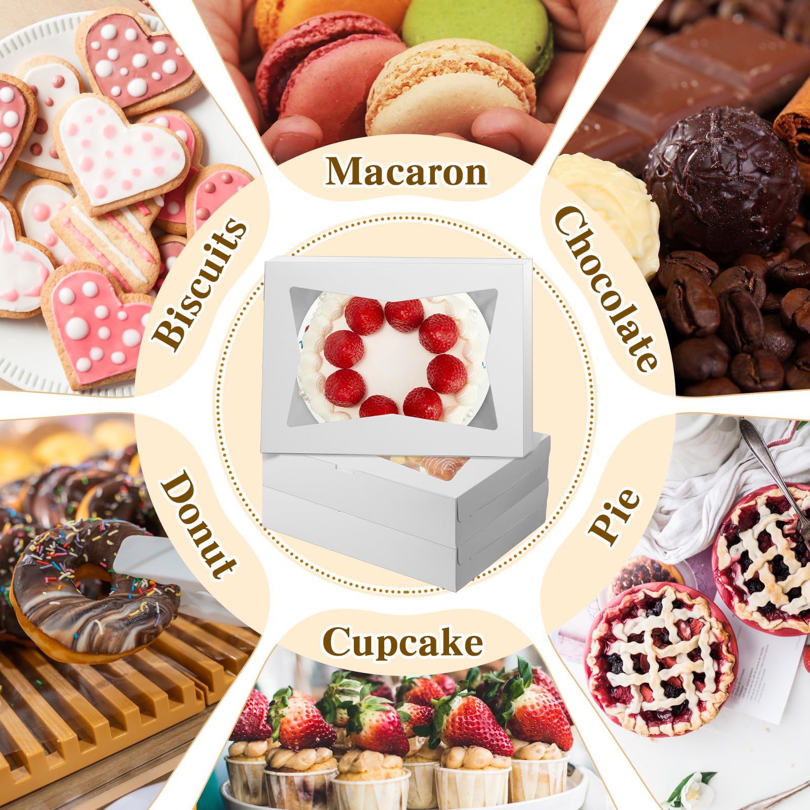 Lincia 30 cajas blancas de 19 x 14 x 4 pulgadas para tartas de ventana grande, caja rectangular de cartón para pasteles, magdalenas, pasteles, fresas cubiertas de chocolate