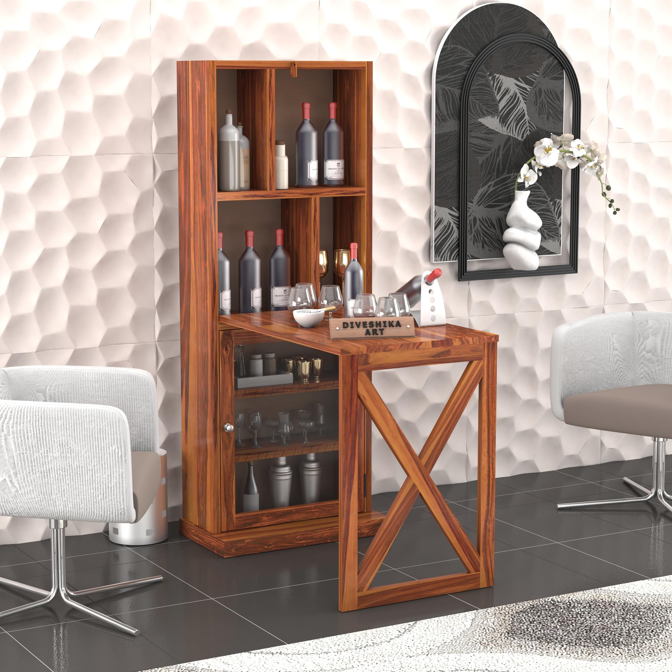 DIVESHIKA ART Sheesham Wood Bar Cabinet with Foldable Counter Table | Wooden Wine Rack with Glass Storage | Space Saving Home and Office Bar Furniture - Natural Finish-image-23