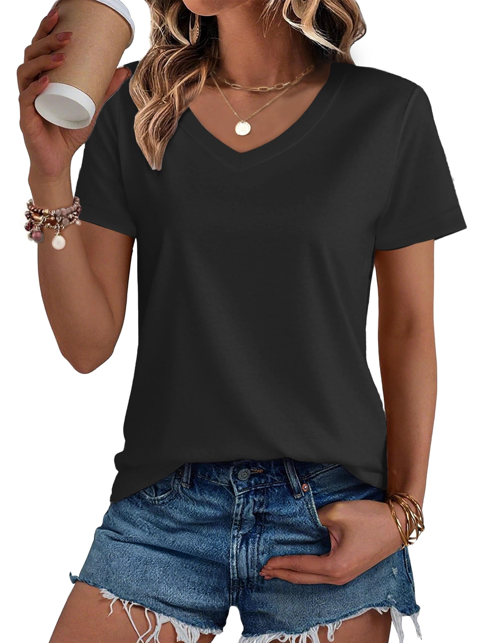 SMENG Women's Cotton V Neck T-Shirt Short Sleeve Solid Color Tee Casual Fit Tee Breathable Summer Fashion Tops