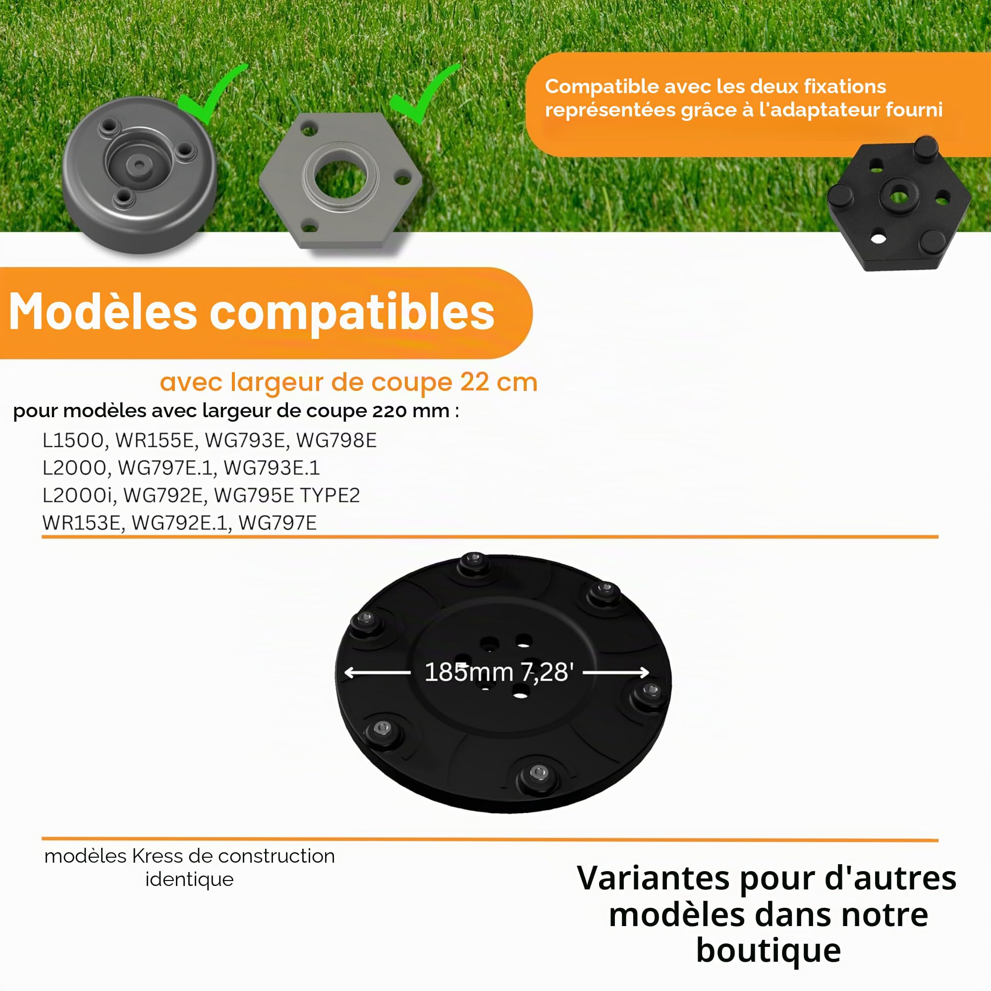 Worx Landroid Disque de coupe 6 lames 185 mm 220 mm 3DHerb 3H-L2000
