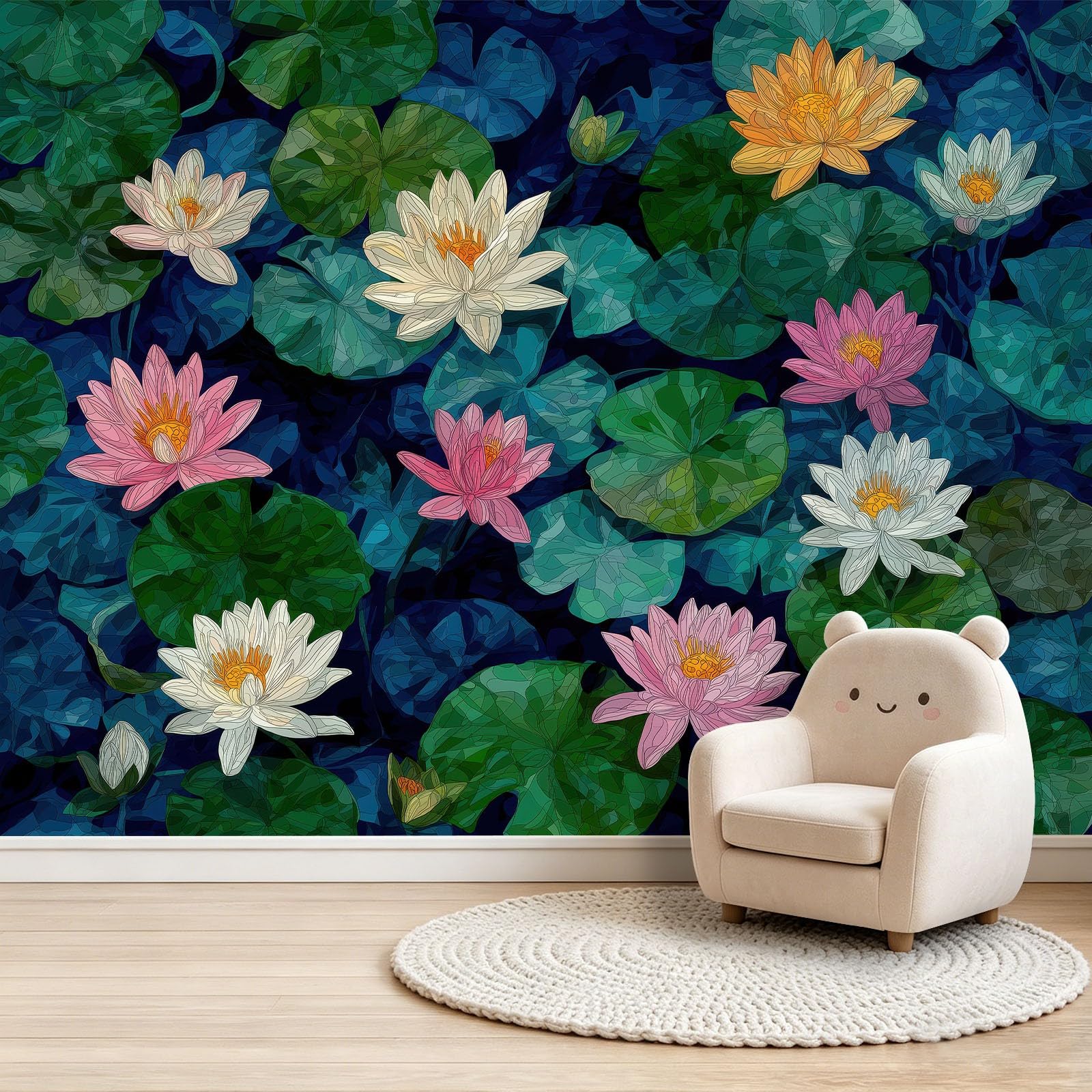 Fototapeta ciemnoniebieska, zielona, tapeta 350 x 256 cm (szer. x wys.), nowoczesna tapeta z włókniny, efekt 3D, dekoracja ścienna, orientalne lilie wodne, staw lotosowy, tapeta ścienna do salonu
