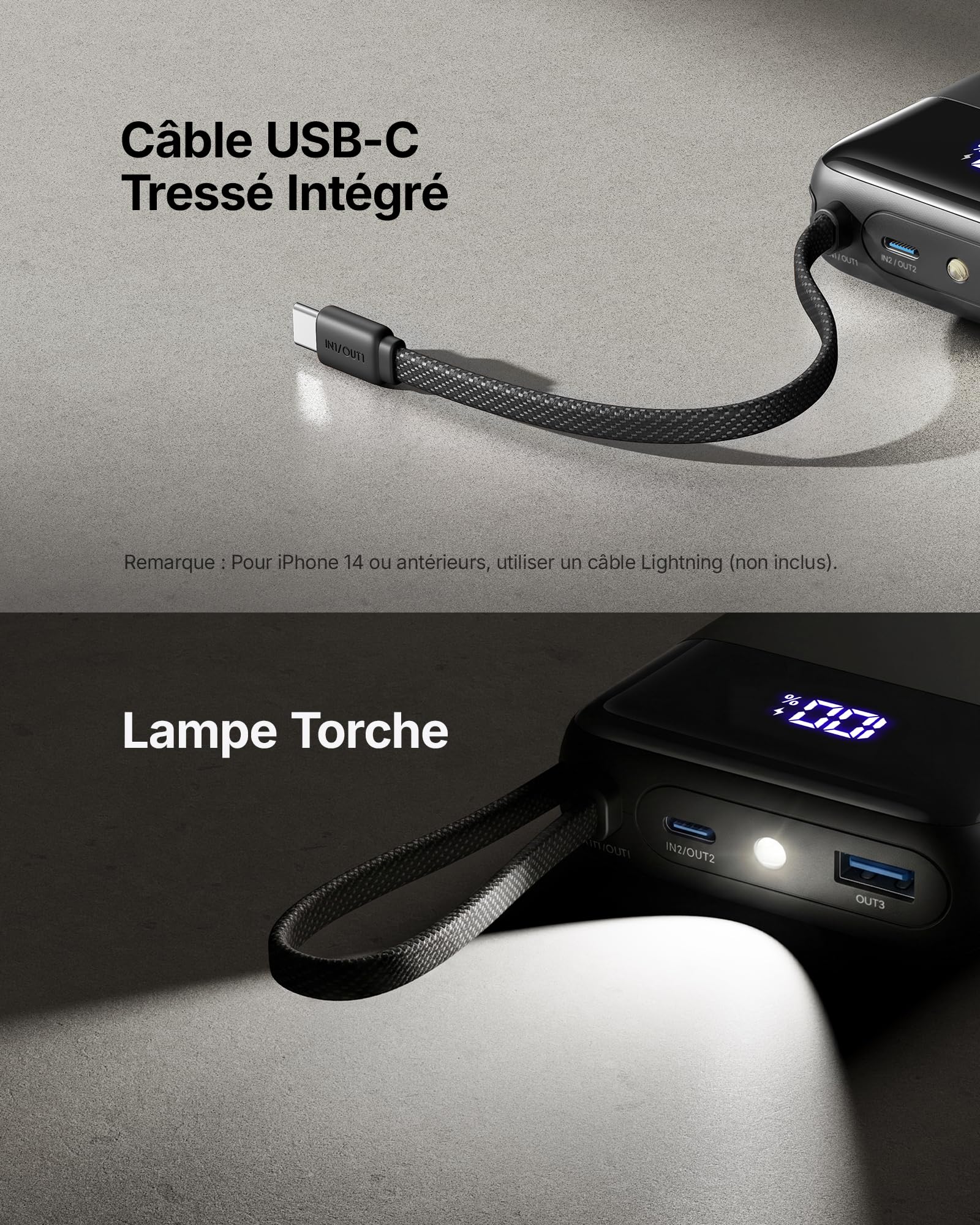 INIU Batterie Externe, Petit 45W Charge Rapide 20000mAh Power Bank avec USB C Câbles Intégrés, Autorisé en Avion, Essentiels de Voyage, Portable Batterie pour iPhone 17 16, Samsung, Xiaomi, iPad etc