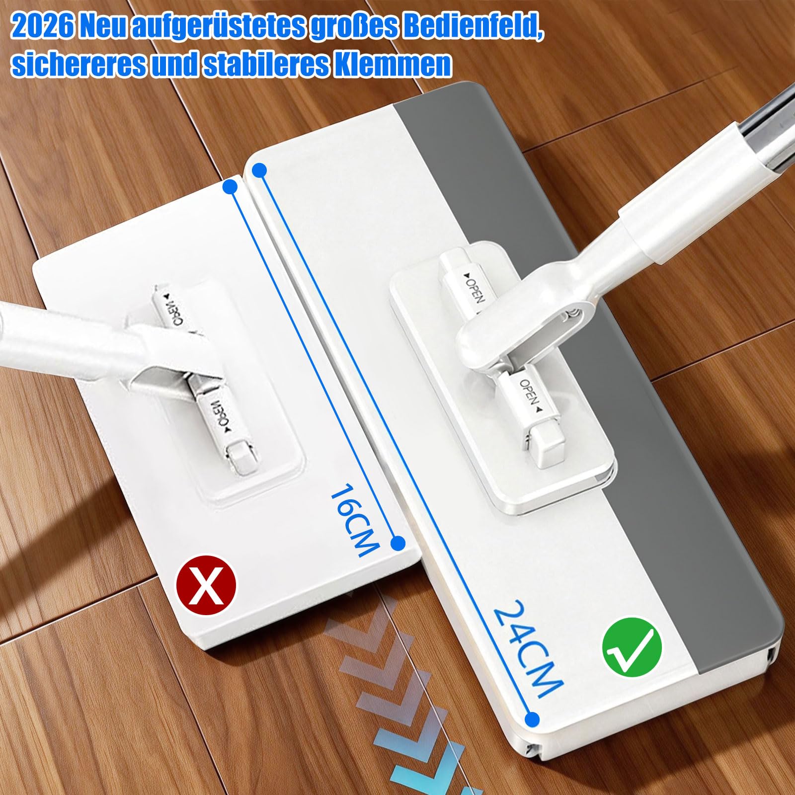 Mop z systemem zaciskowym | mini mop z automatyczną wymianą ściereczki | Zero-Touch i teleskopowy uchwyt | 12 ściereczek z mikrofibry, obsługa jedną ręką | do łazienki, kuchni, płytek