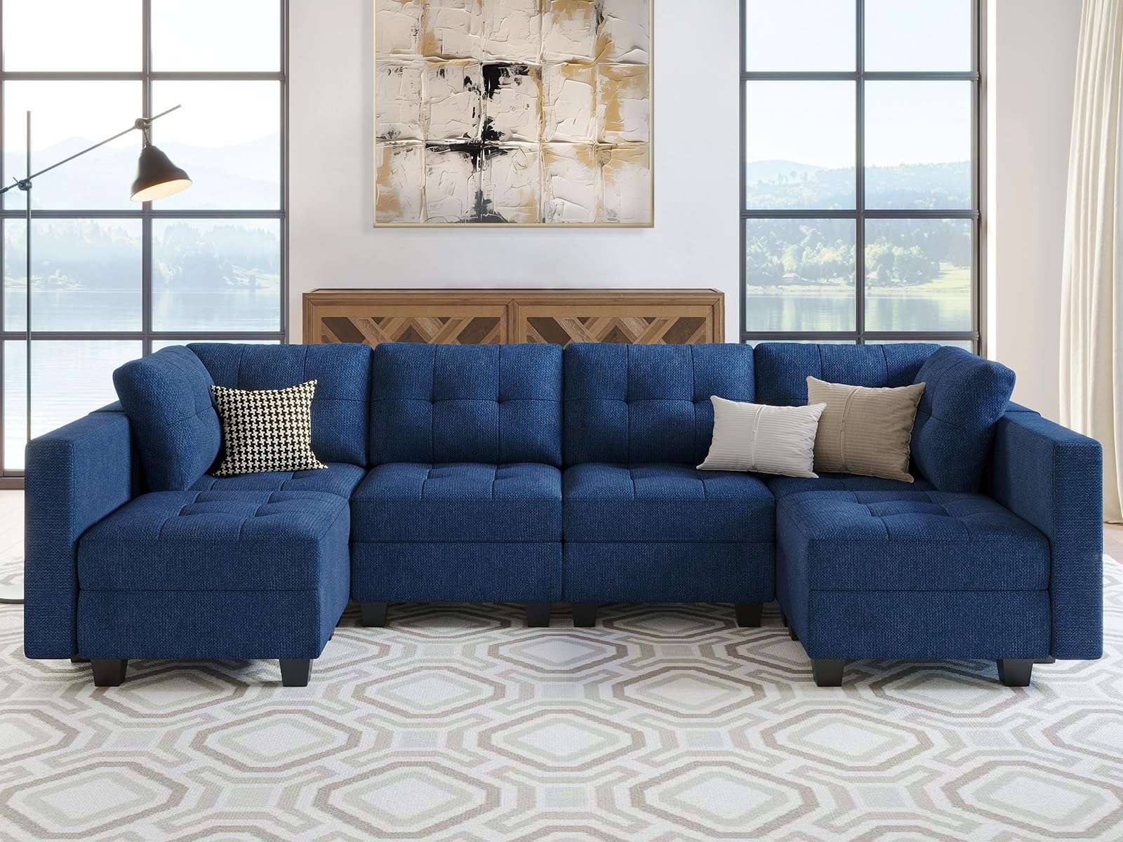 Belffin Modular U Shaped Sectional Sofa Couch with Reversible Chaises 6-seat Sectional Couch with Storage Seat Modular Sectional Set with Ottomans Blue