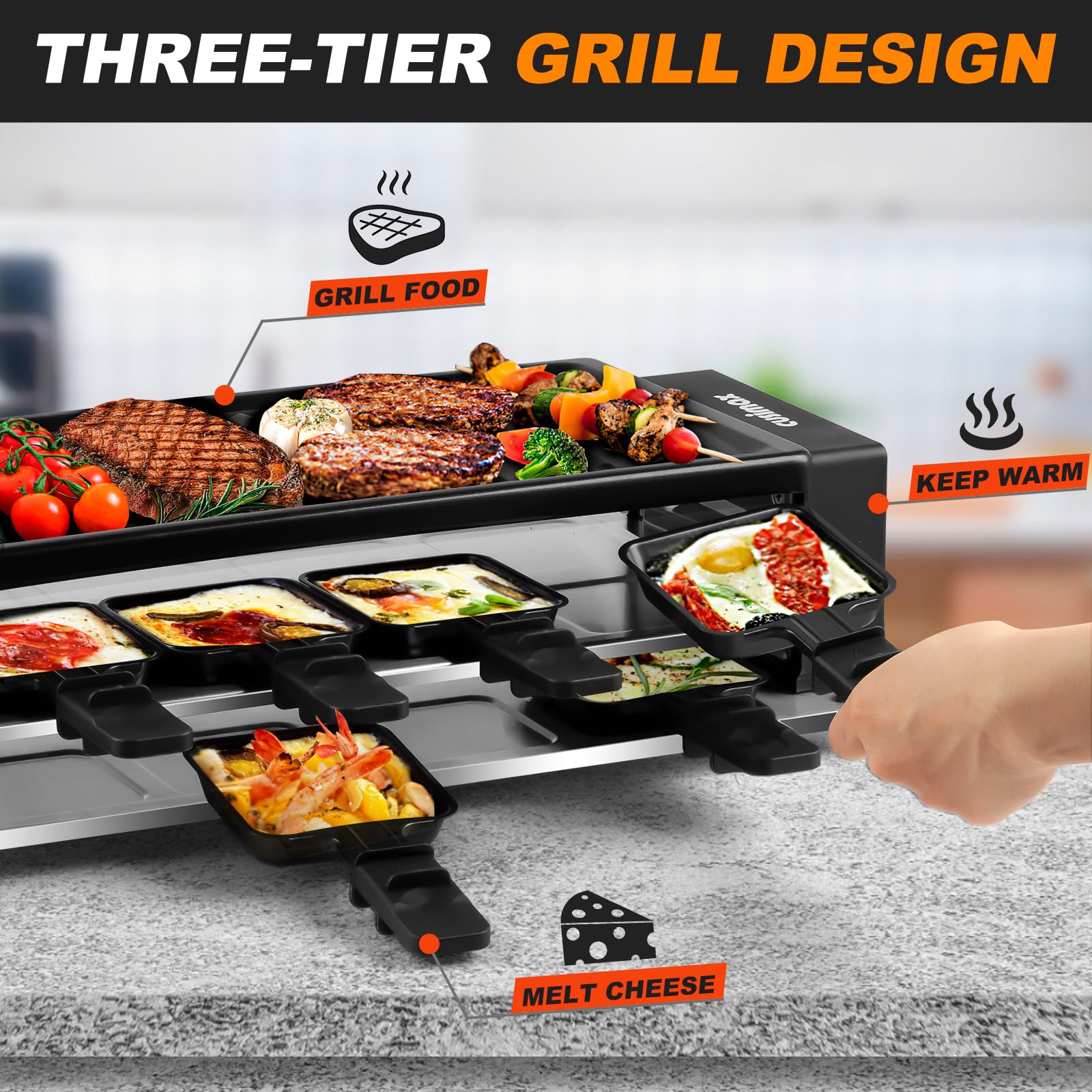 Raclette Grill - Parrilla coreana para barbacoa, parrilla de mesa de raclette portátil con placa antiadherente, control de temperatura ajustable, parrilla interior con asas de tacto fresco, 8 4