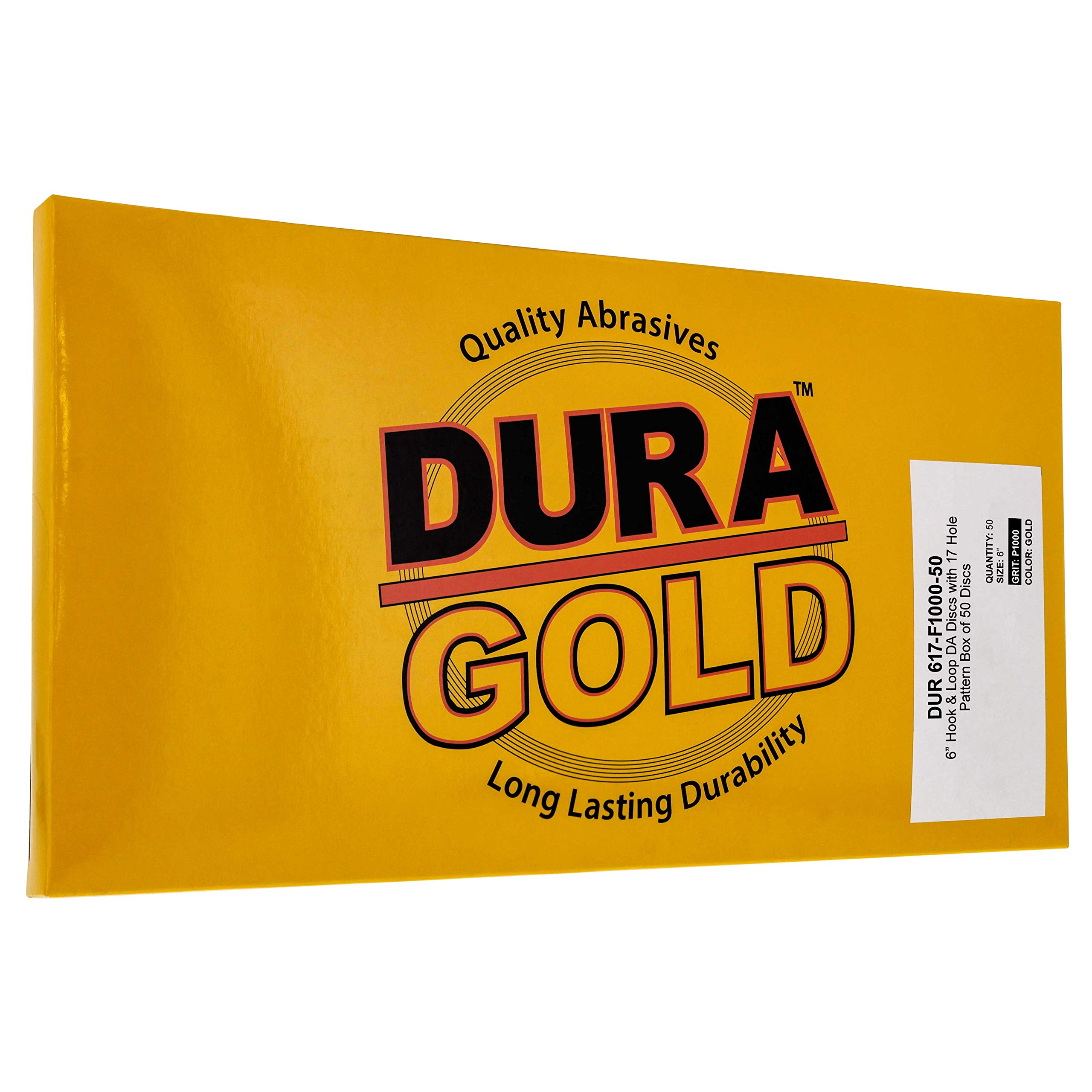 Dura-Gold – Premium – 1000 Grit – 6 discos de lija dorados – 17 agujeros patrón sin polvo gancho y bucle para lijadora DA, caja de 50 discos de papel de lija de acabado para carpintería o automoción