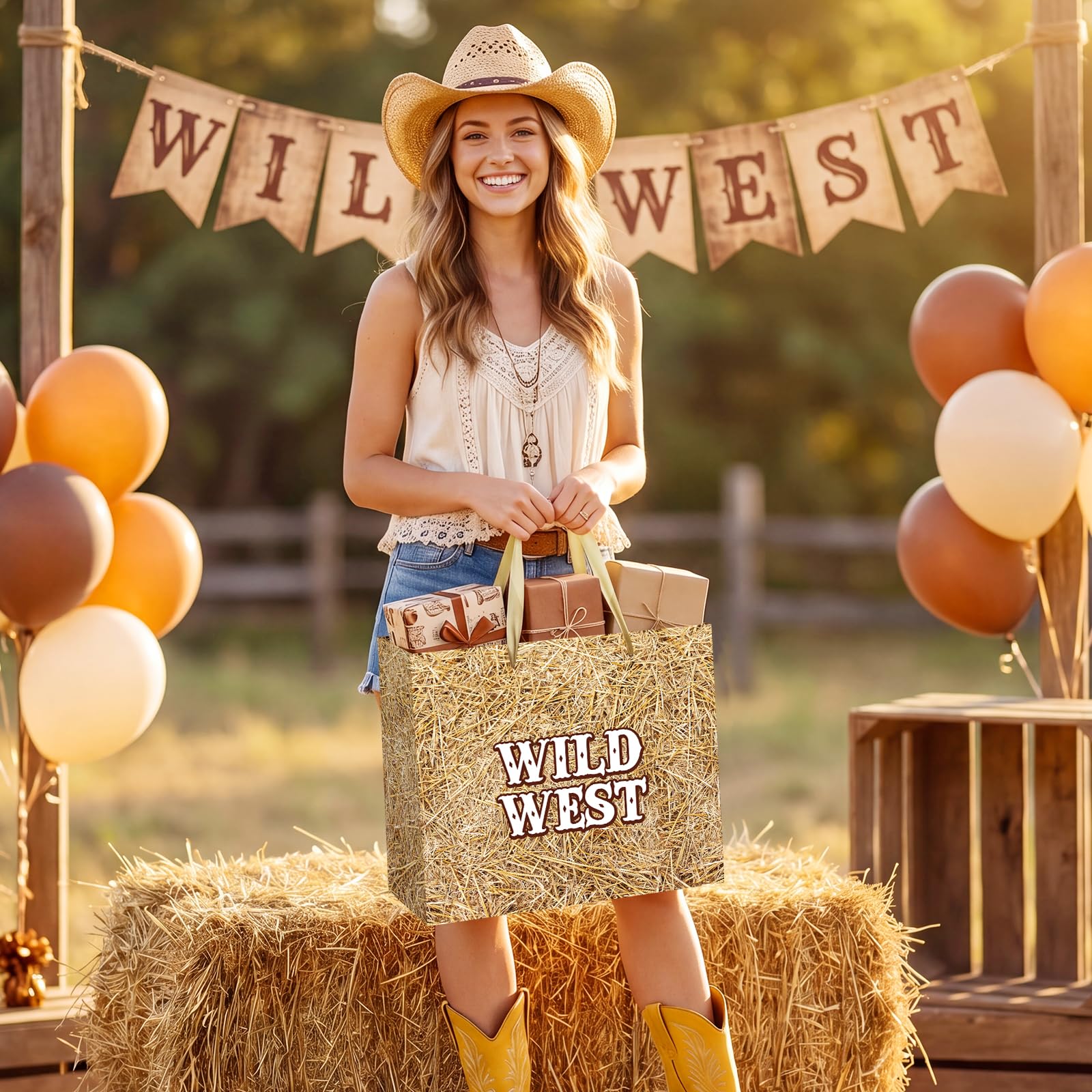 Fake Hay Bales Wild West Gift Bag with Card & Tan Wrapping Papers,Straw Yeehaw Happy Trails Western Gift Bag for Rodeo,Cowgirl Cowboy Birthday,Western-themed Wedding,Country Farm Party Goodie TreatBag