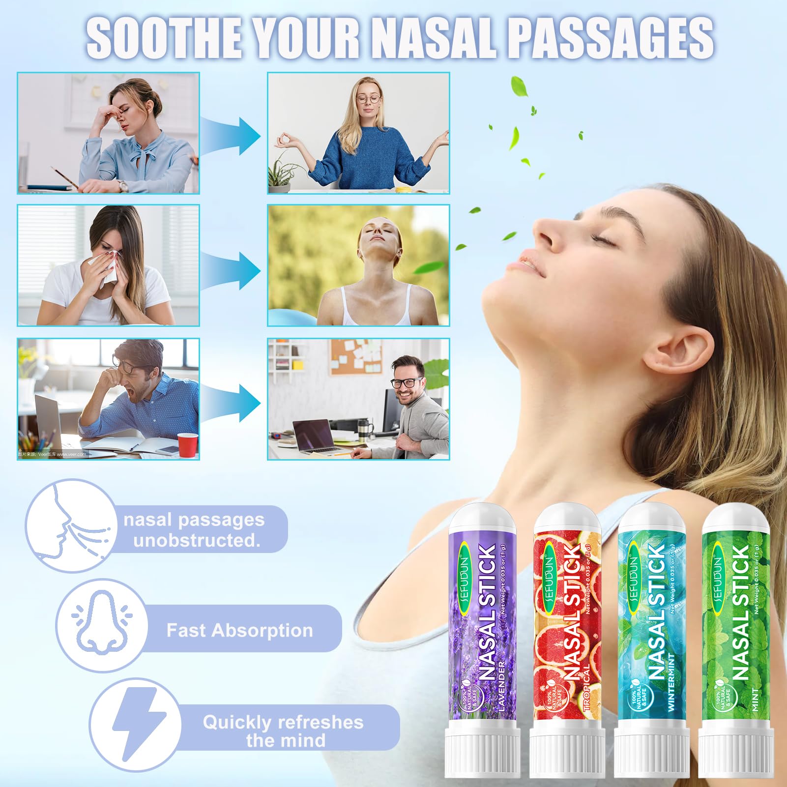 Nasal Stick 4 Pack, Bastone Nasale Agli Oli Essenziali, Inalatore Nasale per Aromaterapia Alla Menta, Rapido Sollievo dal Naso Chiuso,Effetto Fresco Lenitivo,Migliora la Concentrazione