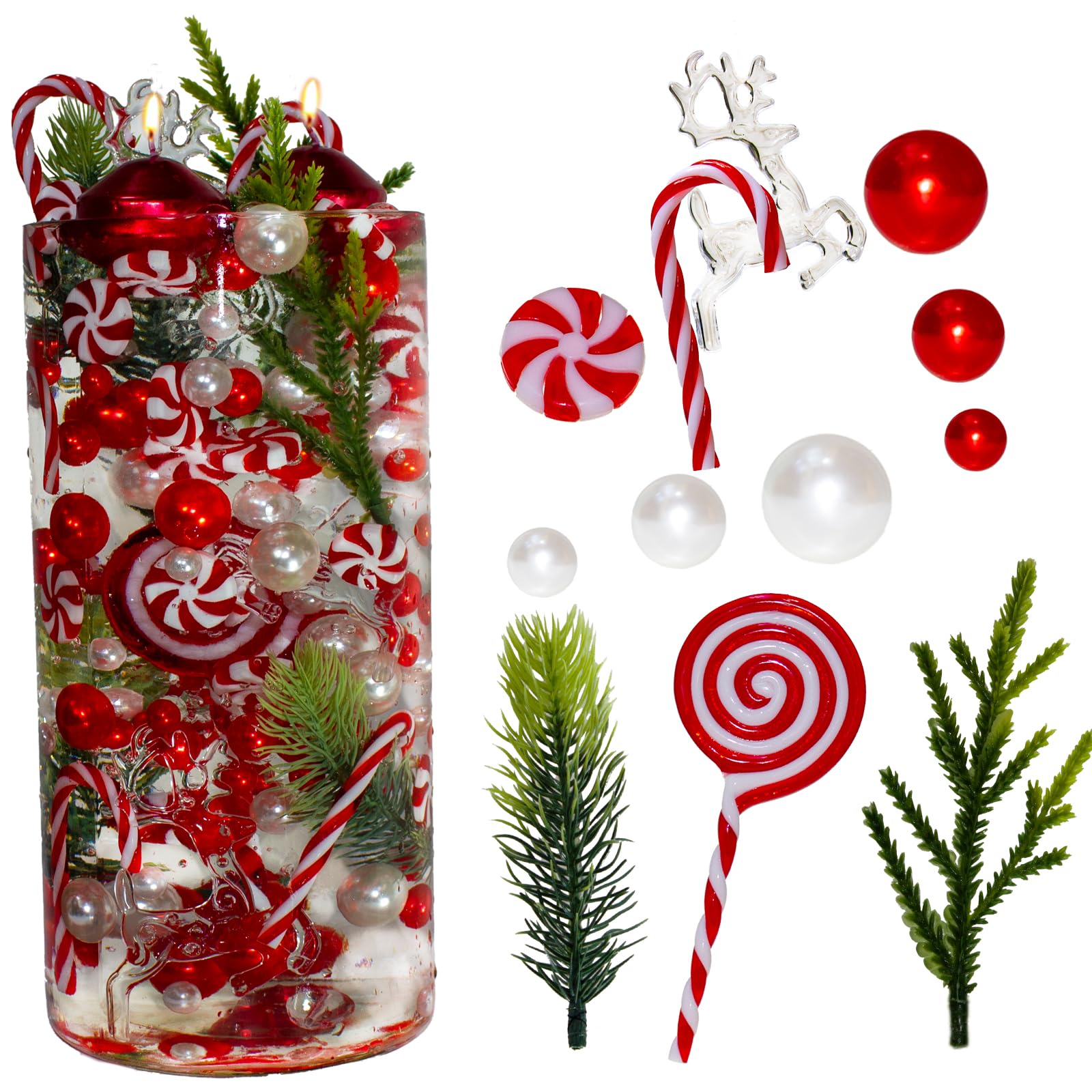 10109 Counts Christmas Vase Filler for Vases Christmas Decoration Faux Greenery Pine for Centerpiece Table Decor(Red and White Pearls)