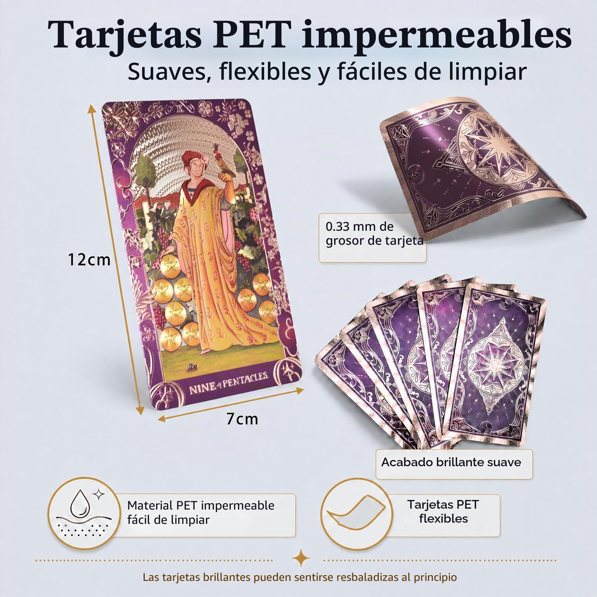 Baraja Tarot Rider Waite en Inglés con Lámina Dorada, 78 Cartas + 2 de Repuesto, Tarot Holográfico Impermeable con Bolsa de Terciopelo y Manual de Instrucciones