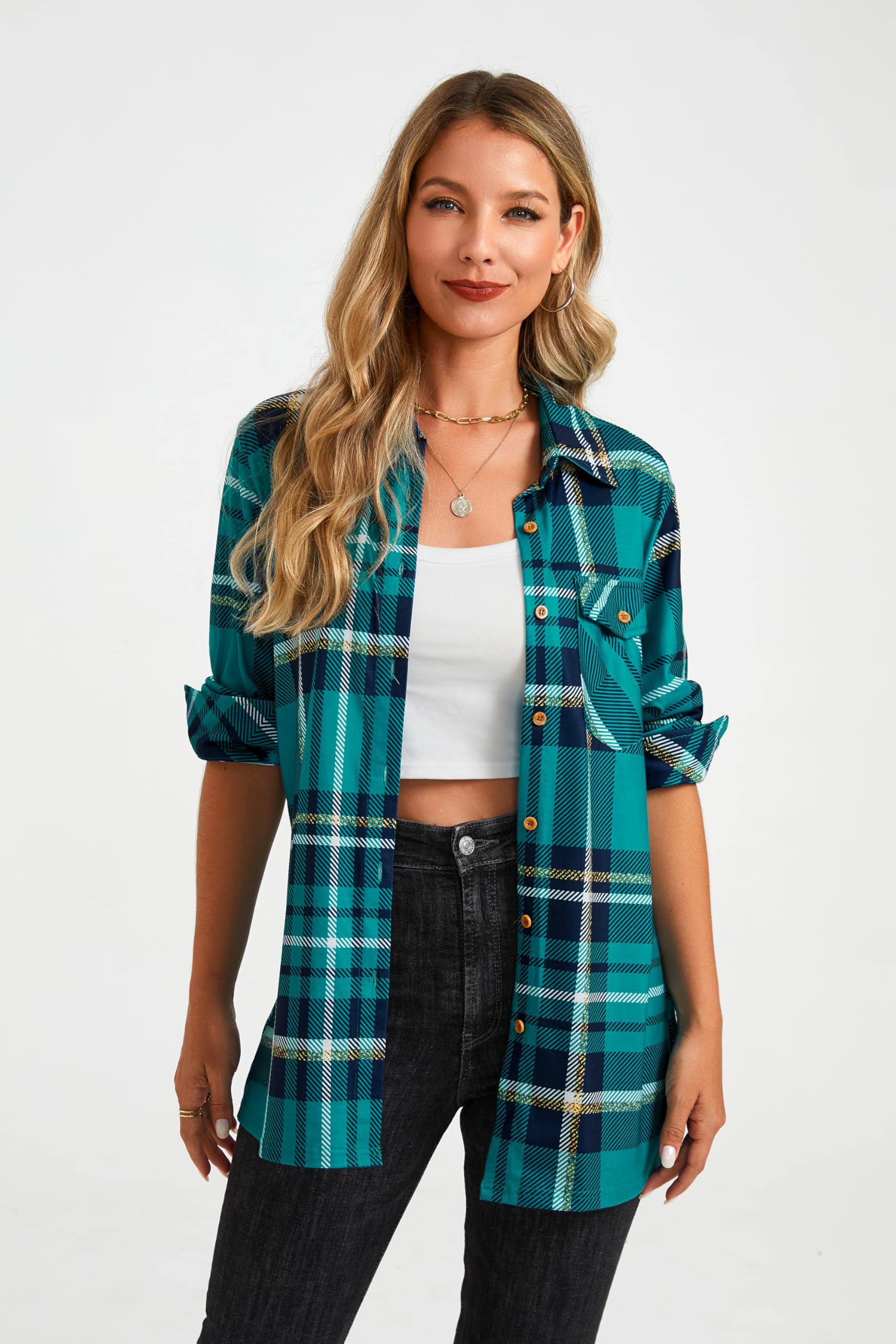 Enmain Chemise à Carreaux Femme Décontractée Manches Longues Classique Blouses Boutonnées