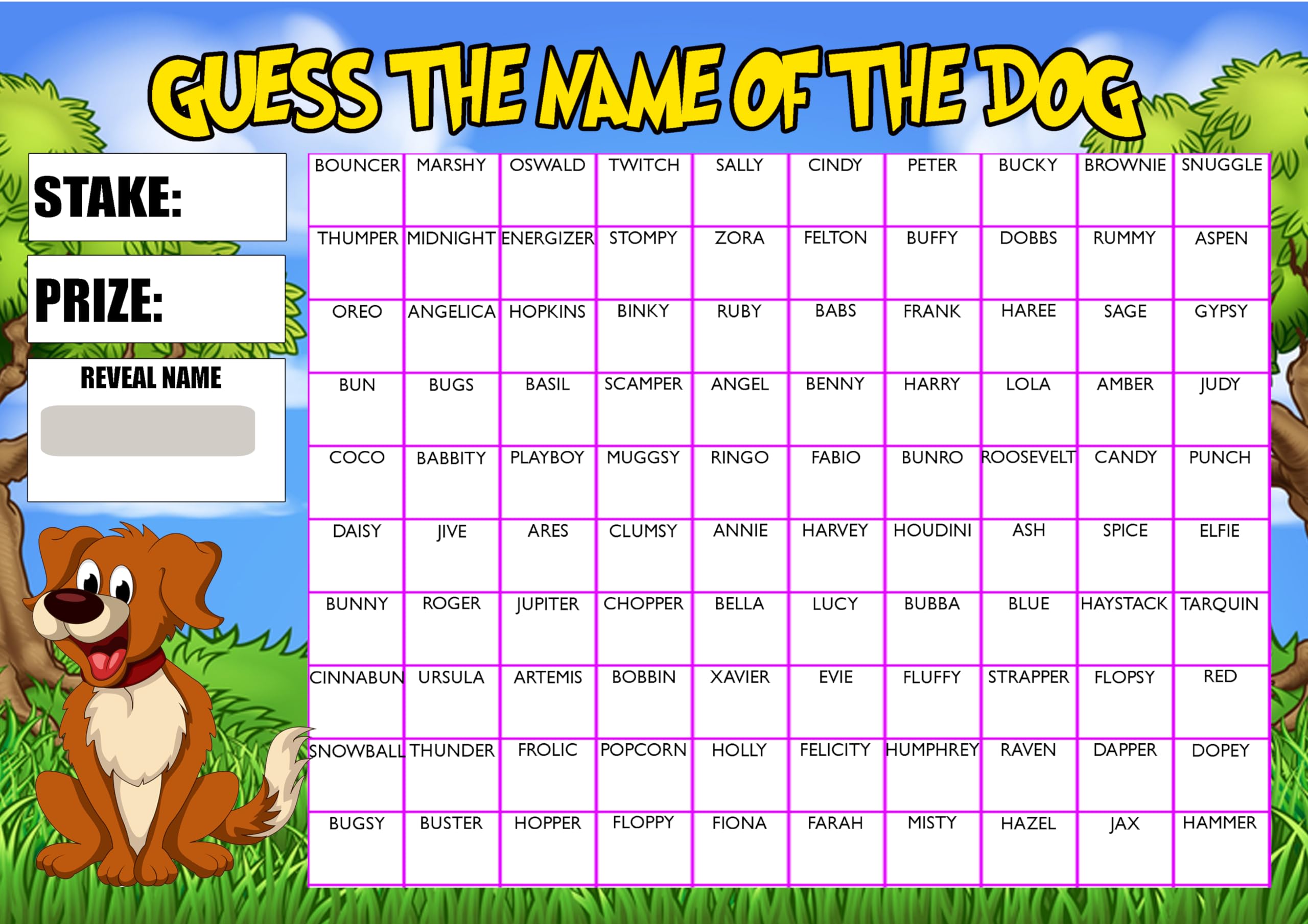 Fundraising Scratch Cards – Predict the Dog’s Name, A4 Card Stock Sheets with 100 Names for Events & Raffles
