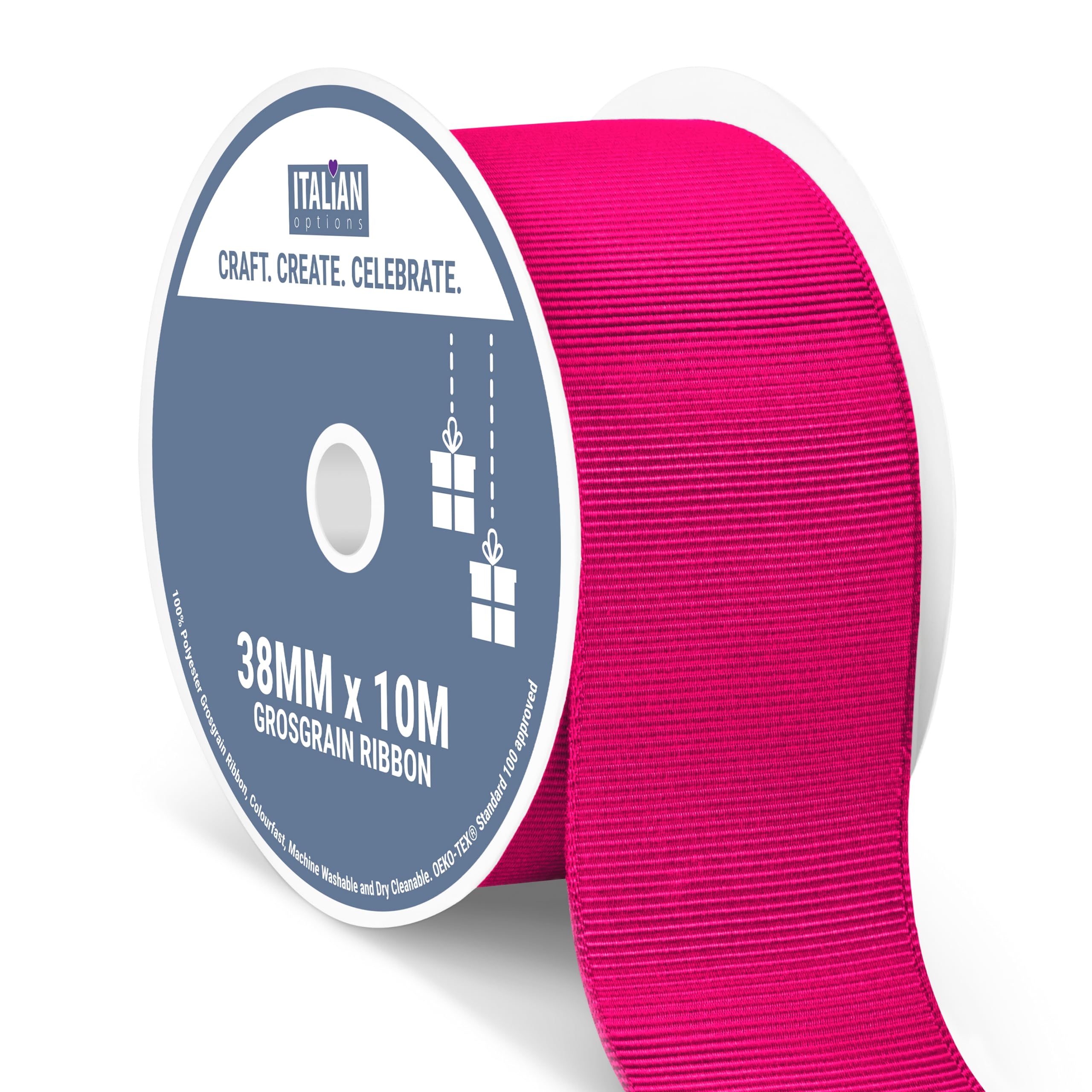 Italian Options Grosgrain Ribbon 38mm, Strong Plain Bright Pink Ribbon for Bows, Wedding, Crafting, Sewing, Hair Accessories, Gift Wrap, 38 mm x 10 Metre Roll, Cerise