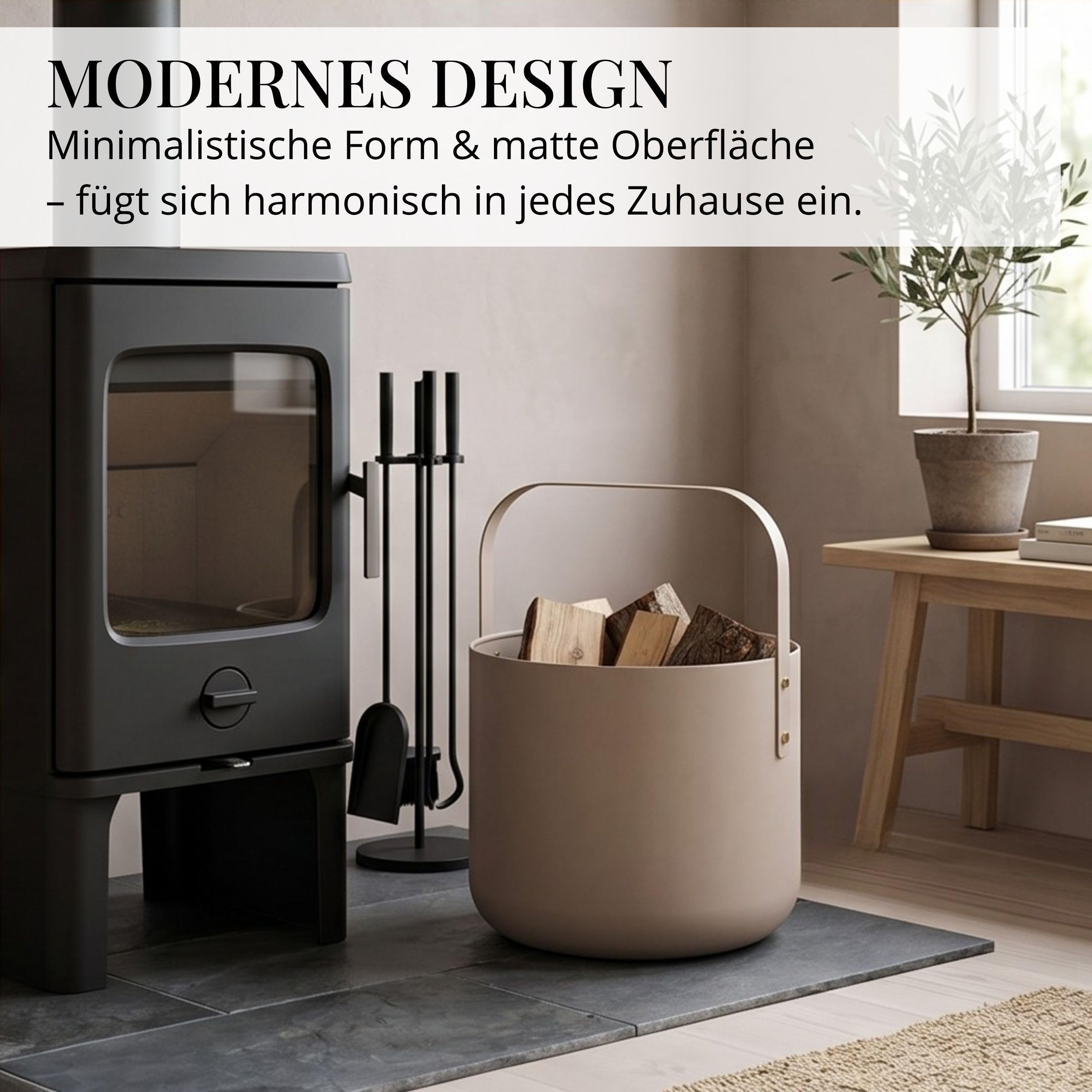LIVLIG Design Kaminholzkorb Metall, Holzkorb für Kaminholz mit Henkel, Großer Korb für Kaminholz 36 x 44 cm, Brennholzkorb als Kaminzubehör, Aufbewahrungskorb in Matter Optik, Beige