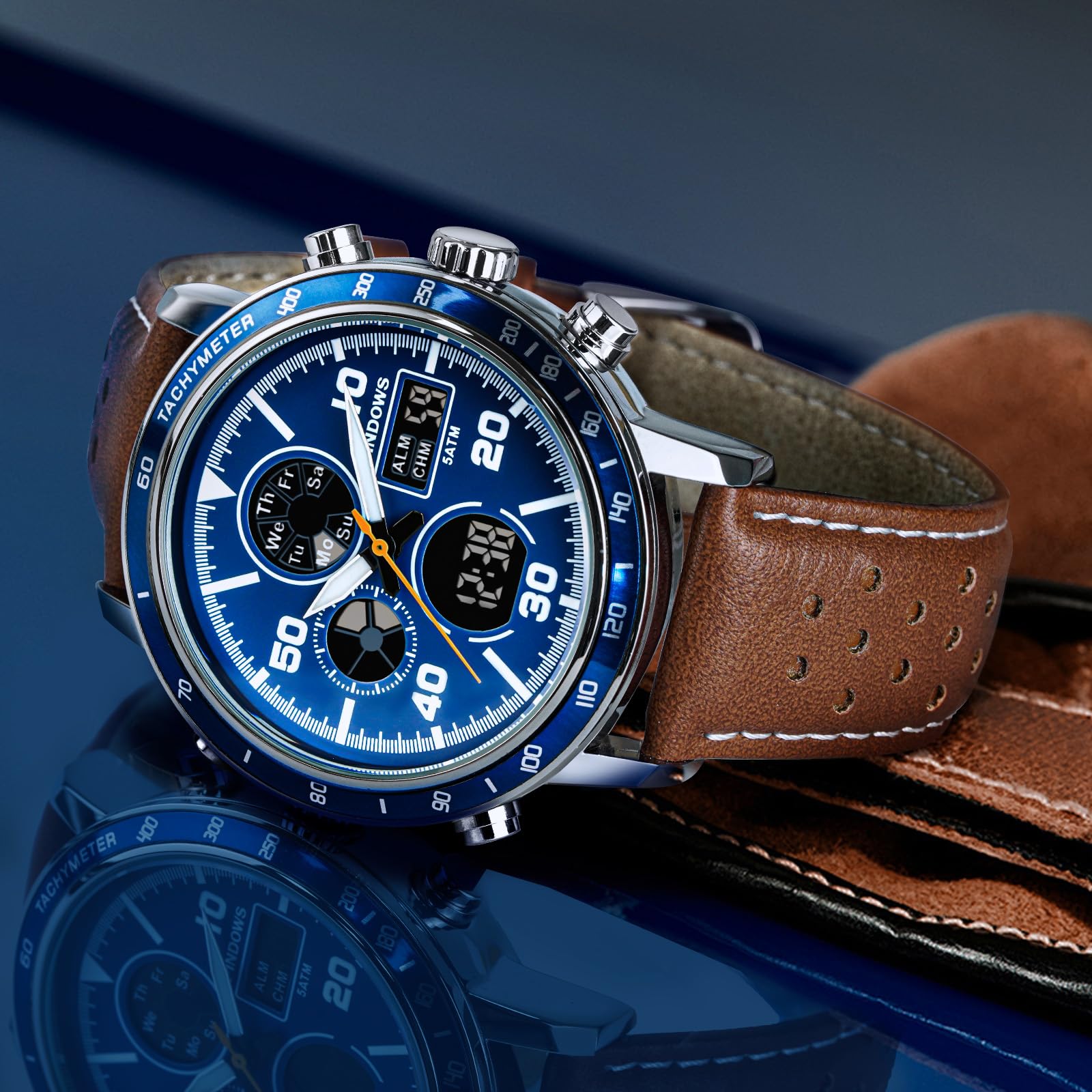 PINDOWS Montre numérique analogique pour homme, étanche à 50 m, bracelet en cuir
