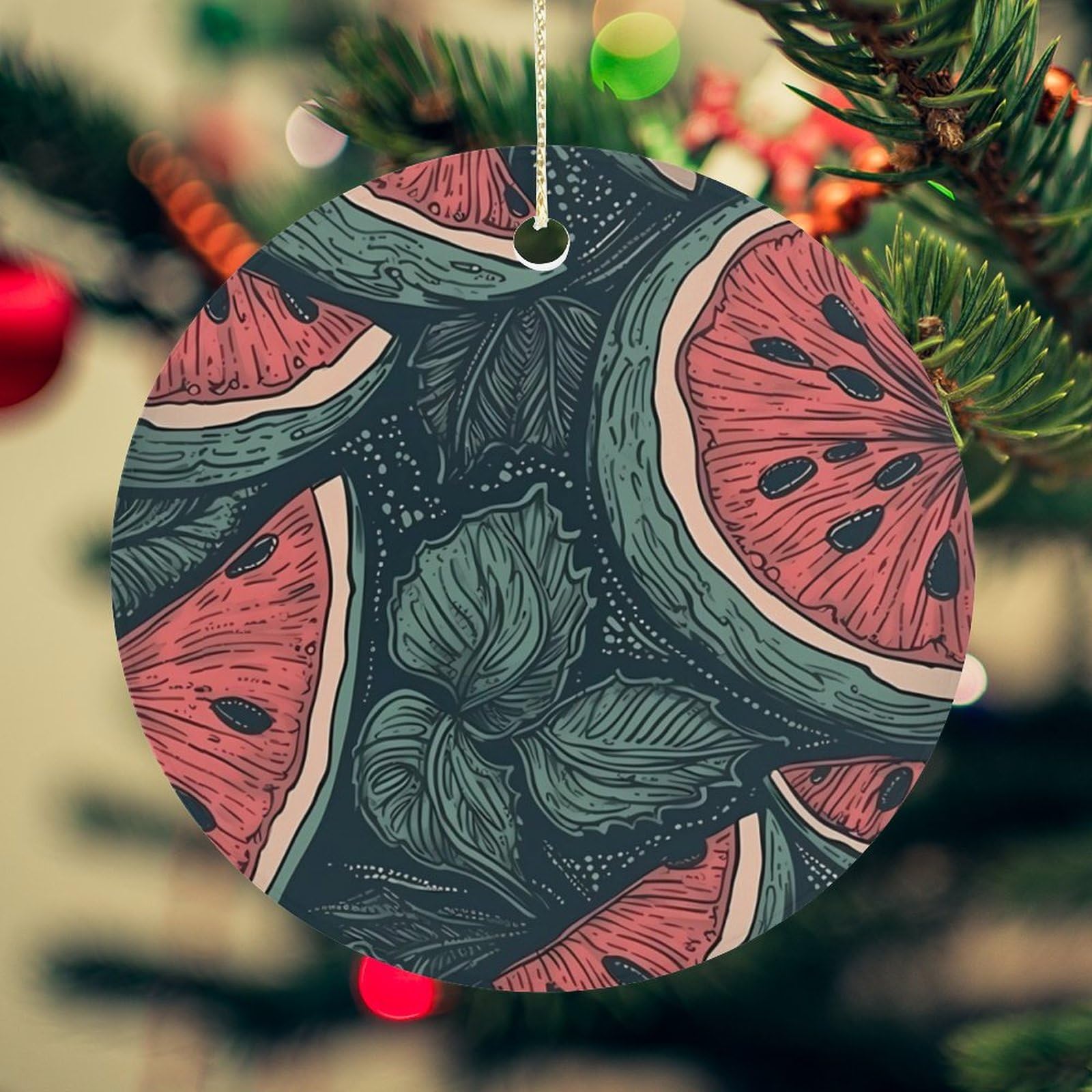 Hand Drawn Watermelon Pattern Christmas Ornament for Christmas Tree Ceramic Round Ornament Winter Holiday Keepsake Gift 2.7" Christmas Tree Hanging Decorations Circle Ceramic Pendant Xmas Gift