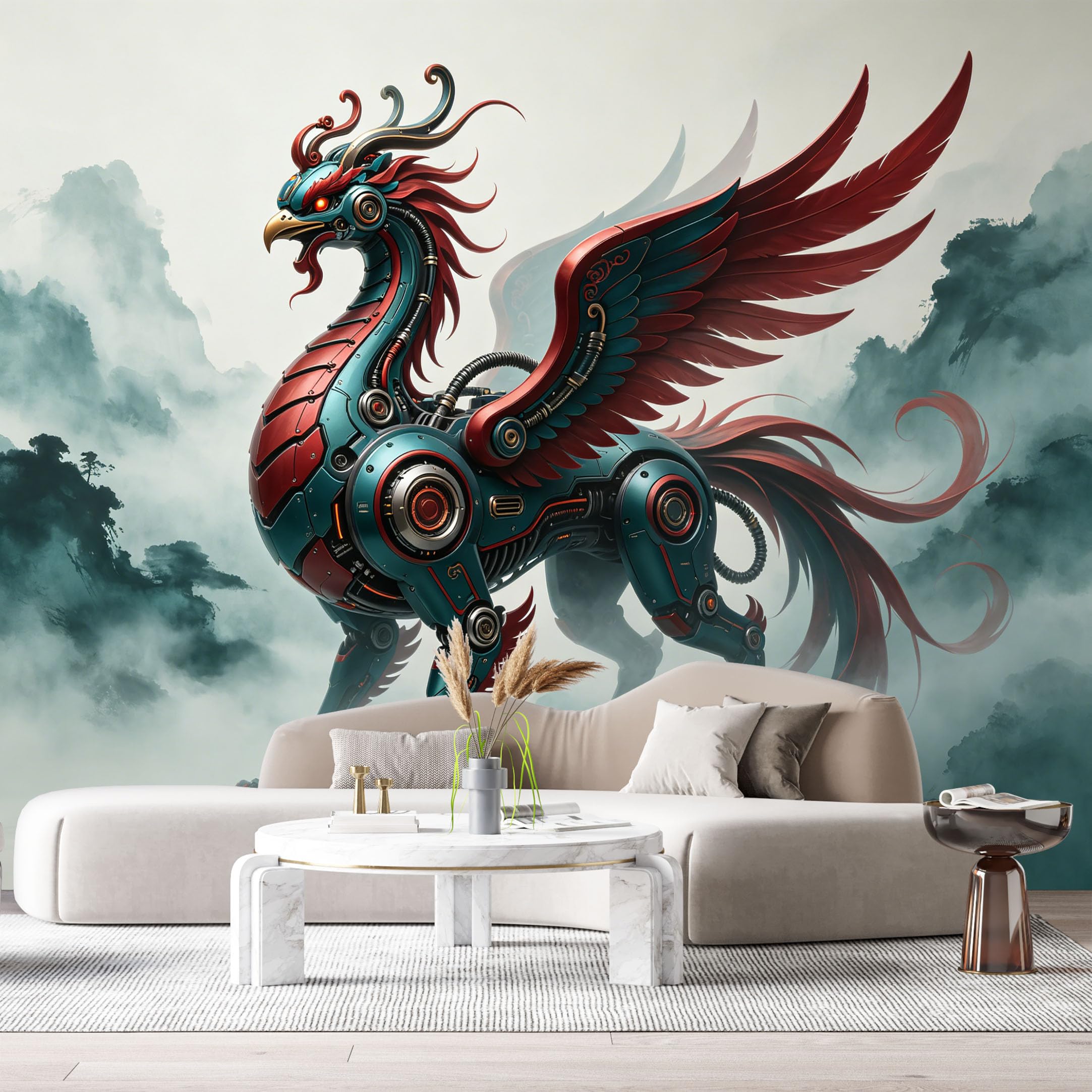 Custom Size Wall Mural Mechanical Phoenix Mech Dragon Futuristic Metal Armor SciFi Creature SelfAdhesive Art Prints Removable Large Wallpaper Esports Room Game Room Tenant Room Studio