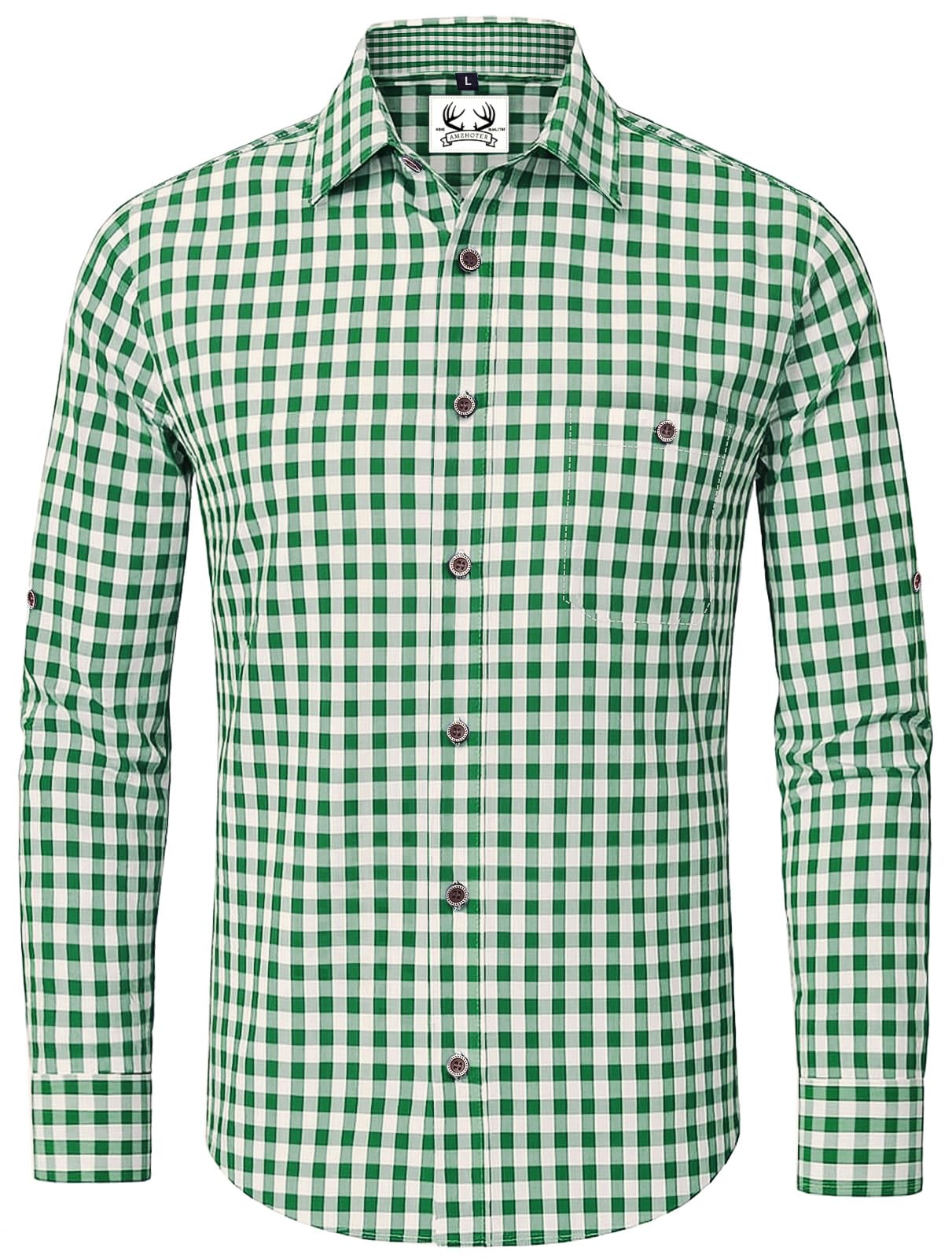 AMZHOTER Trachtenhemd Herren Oktoberfest Hemd Kariertes Hemd Outfit Langarm Trachten Hemden Tracht Hemd Trachtenhemden Kurzarm Karohemd Freizeithemd Baumwolle Blau Rot Grün