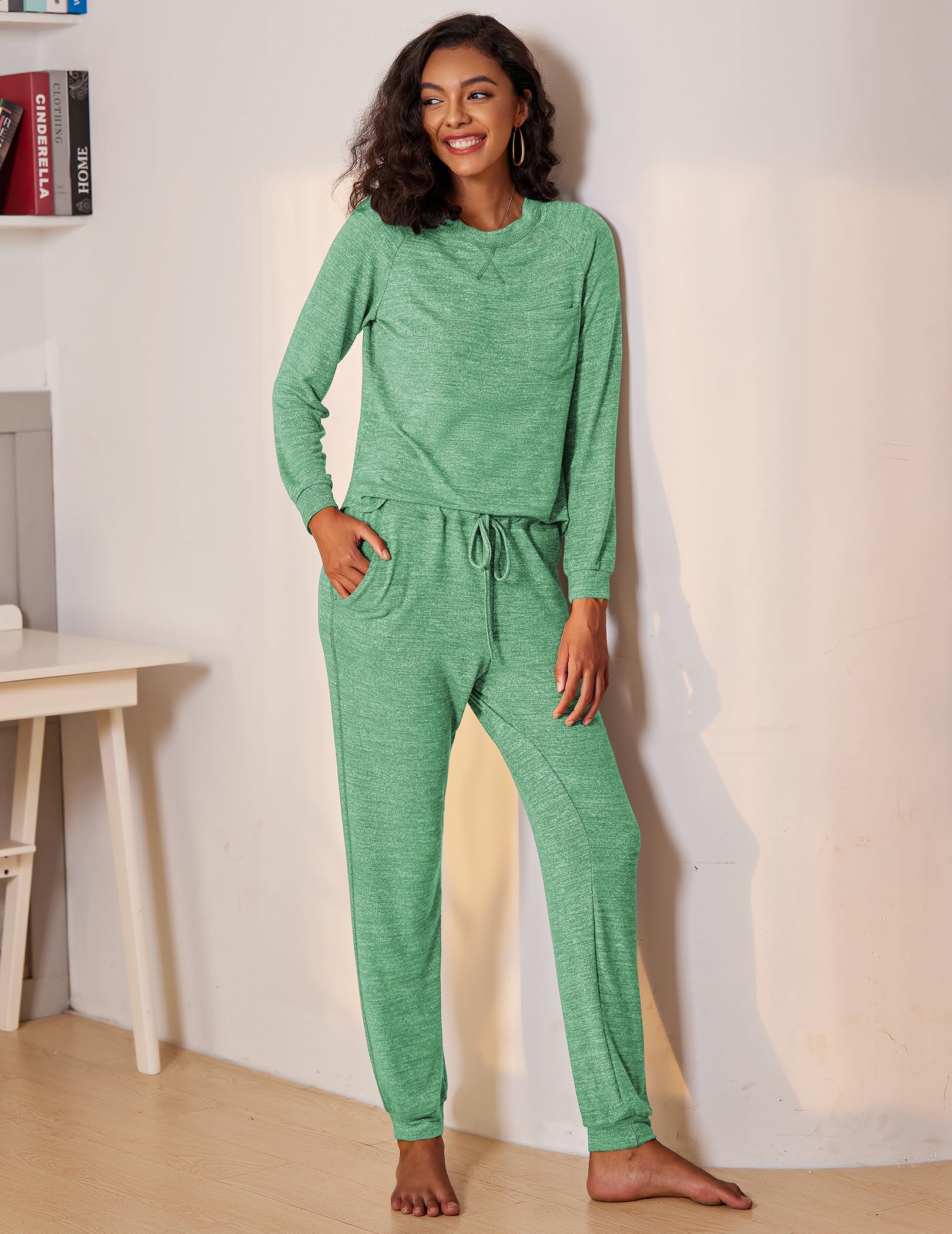 Ekouaer Conjunto de pijama de manga larga para mujer, conjunto de ropa de descanso suave con bolsillos