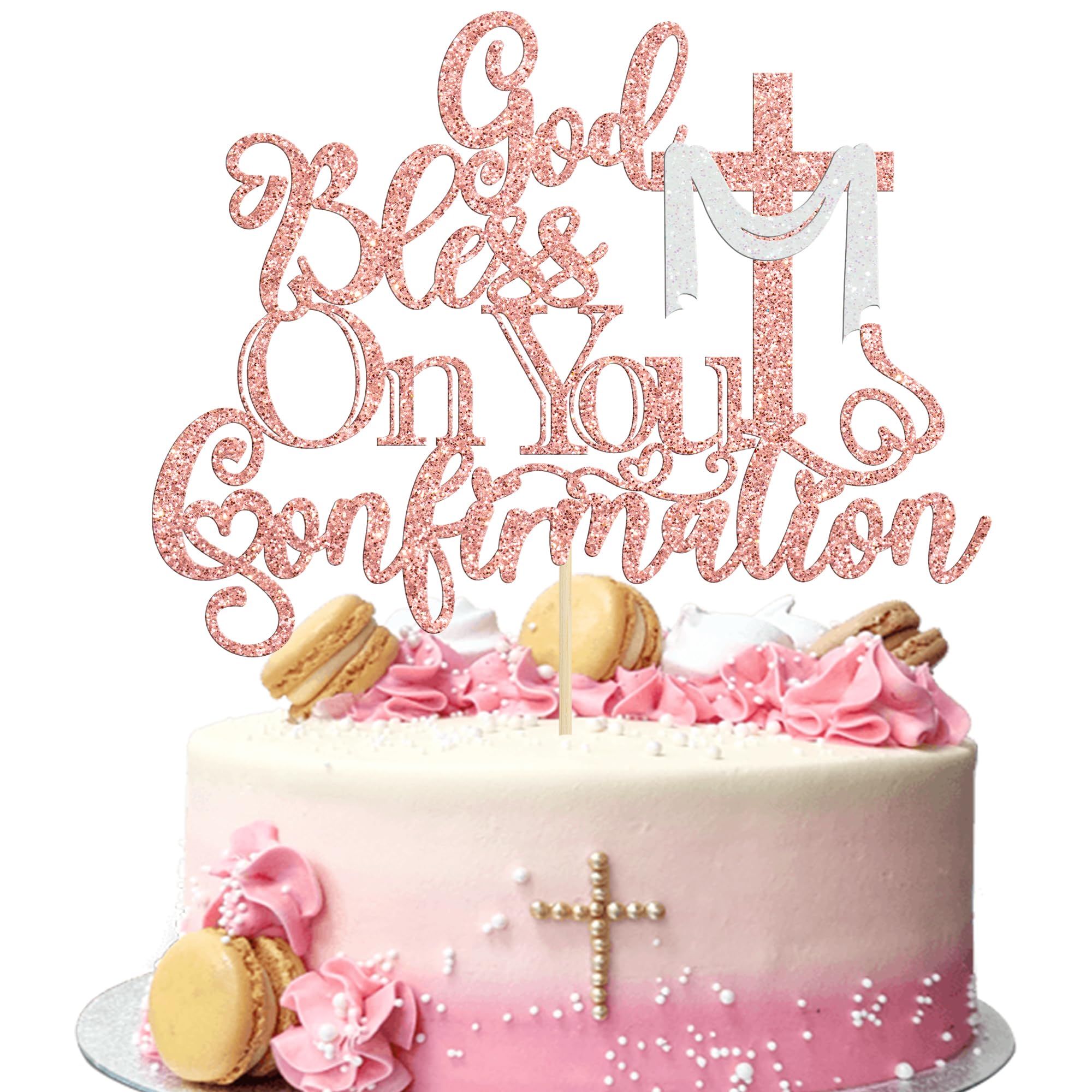 Ephlyn 1Pcs God Bless On You Confirmation Cake Topper with Cross Glitter First Communion Cake Pick for for Christening Baptism Baby Shower Birthday Party Cake Decorations Supplies Rose Gold