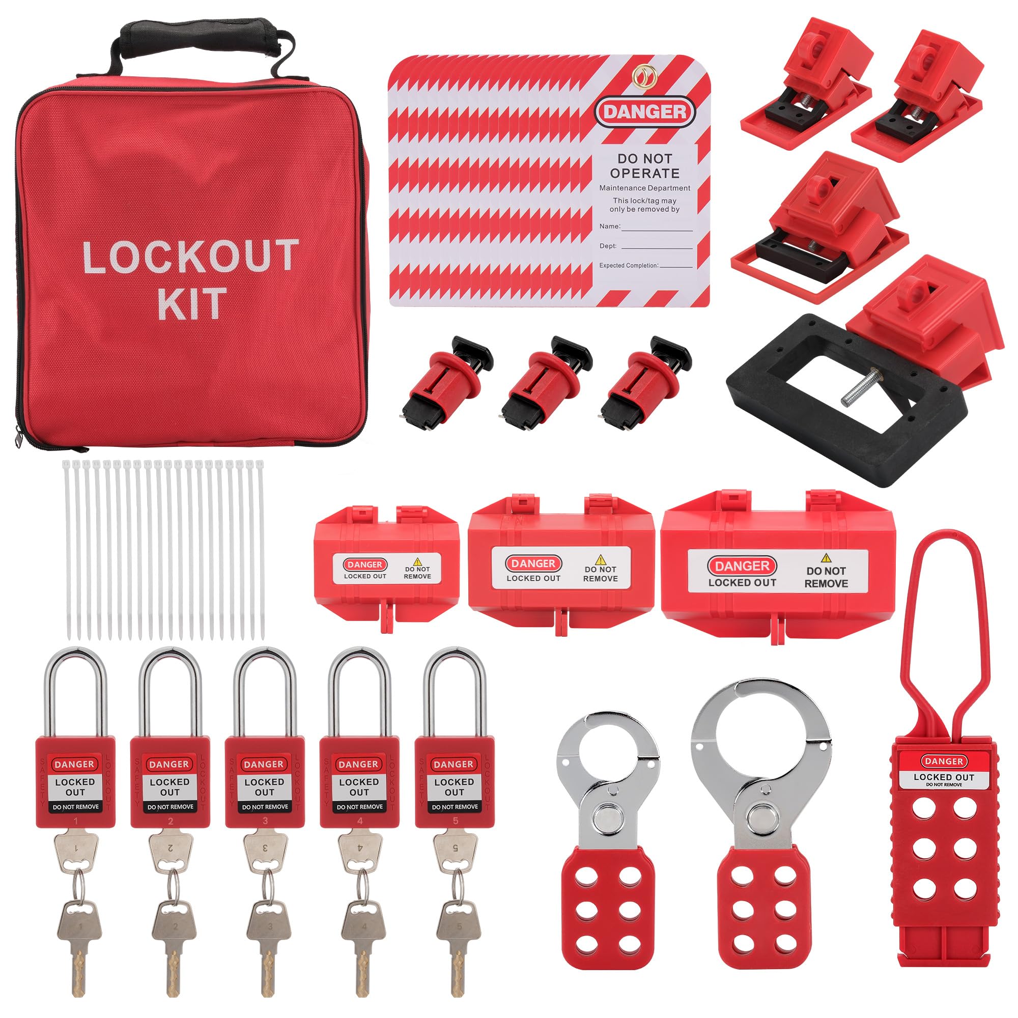 Kit de etiquetado de bloqueo eléctrico Loto - Kit de seguridad de 58 piezas compatible con OSHA con candados, cerrojos, cierres de disyuntor, bridas de cremallera, etiquetas y bolsa de