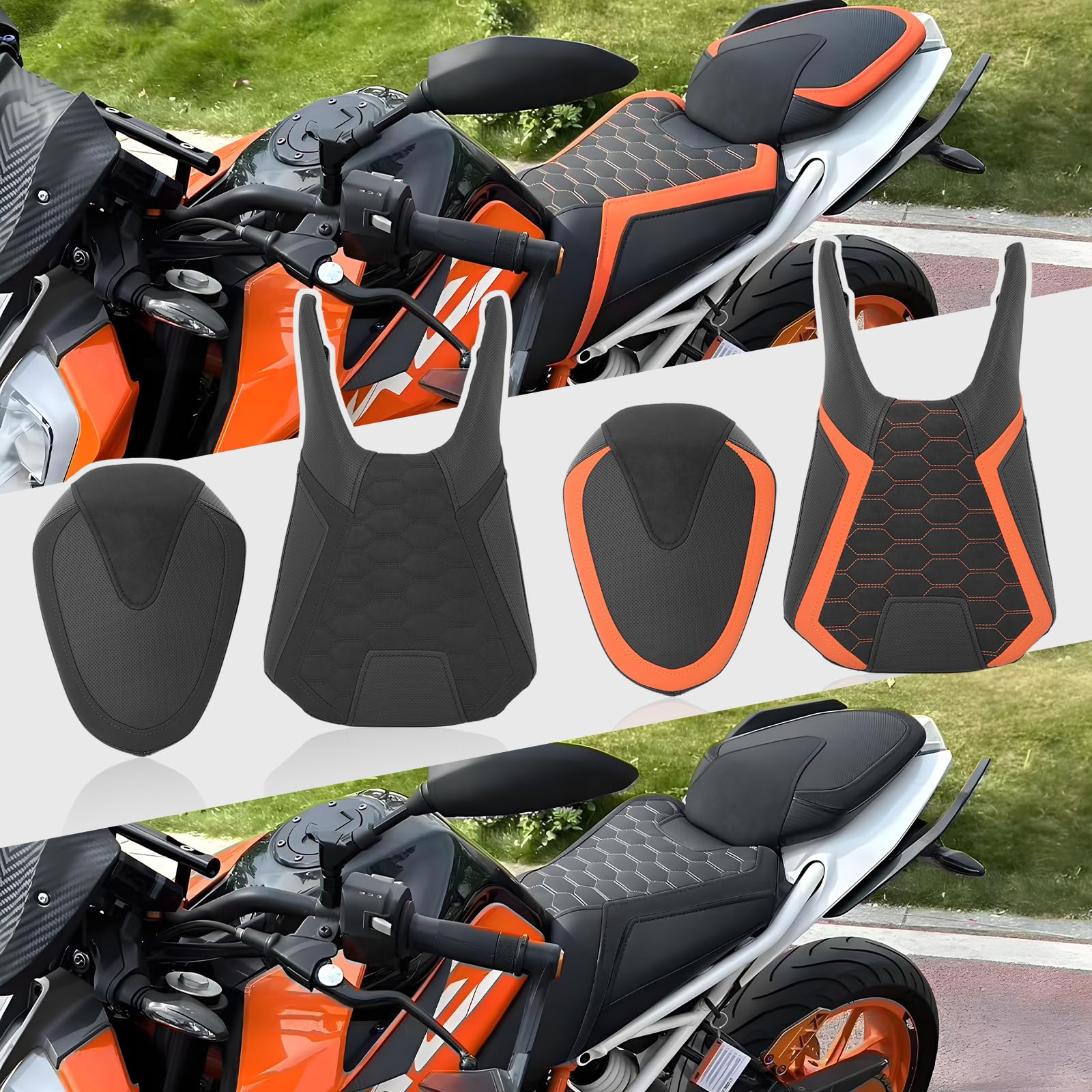 WOOGA Coussin de siège de Passager Avant et arrière de Moto, Cuir synthétique de Capot adapté pour K&T&M Duke 390/125/250 Accessoires 2017-2023 (Avant Noir-Plus Haut 15MM)