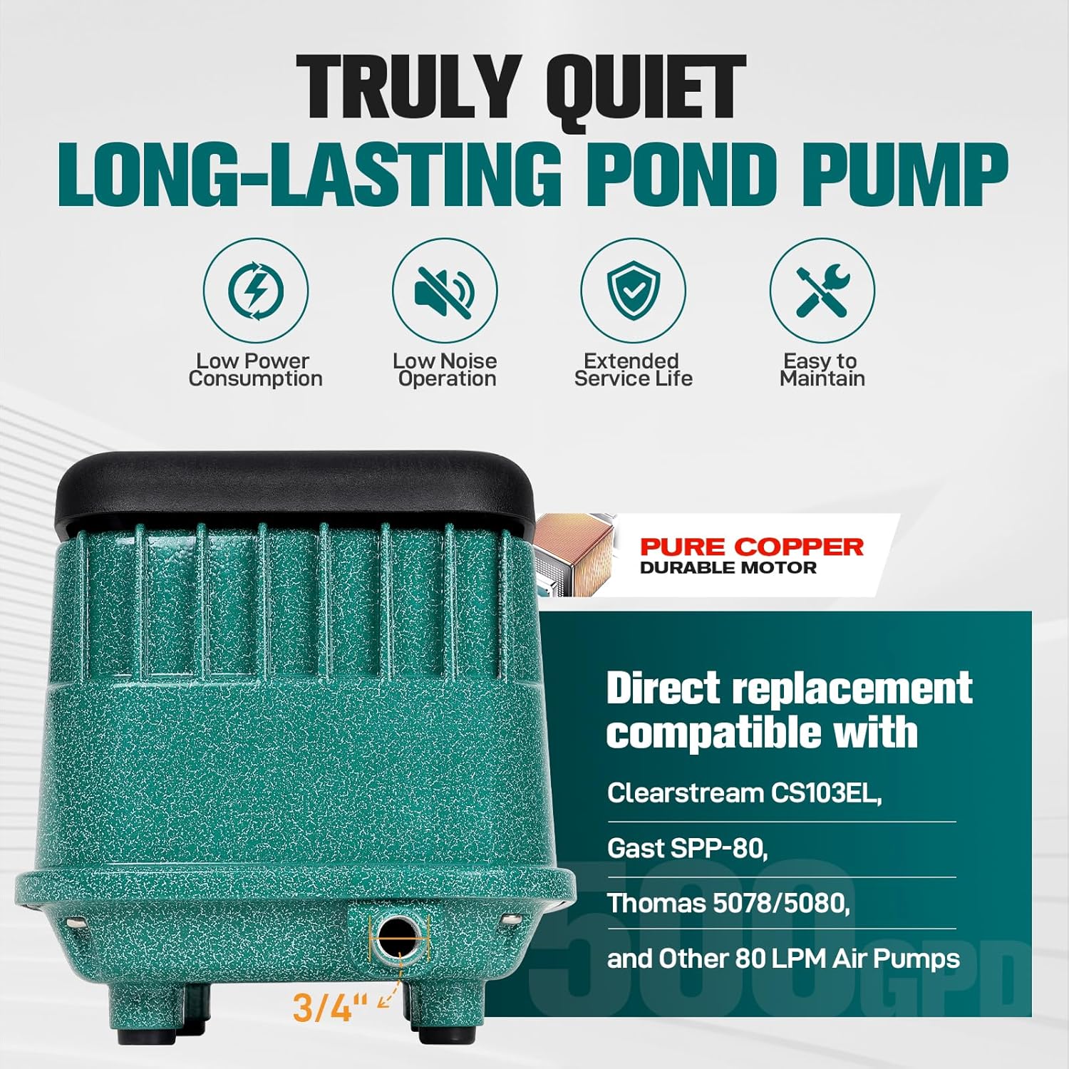 PA-80 Quiet Septic Aerator Pump/Pond Aerator,5-Year Warrnaty,Heavy-Duty & Durable Linear Air Pump,for Ponds Up to 1/2 Acre & ≤10' Deep,With 2 OEM Diaphragms,For 500 GPD Systems