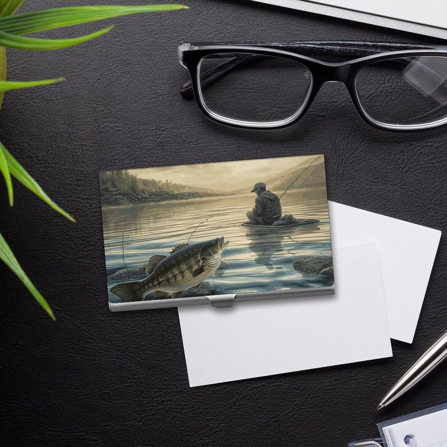 Lake Fish Fishing Business Card Case Metal Slim Business Card Holder Professional Name Card Holder Pocket Metal Case Business Card Wallet Pocket Wallet Name Card Case for Women Men
