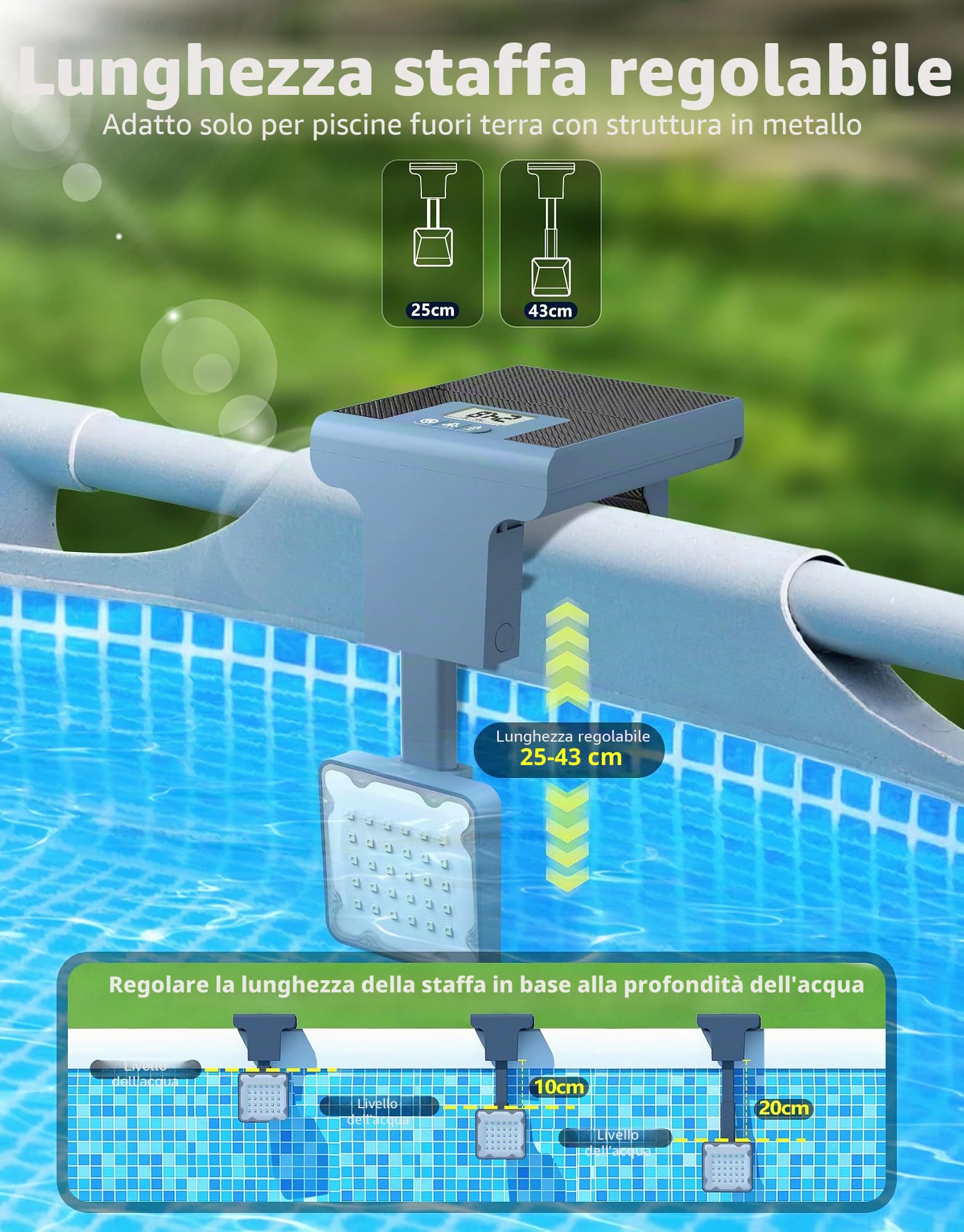 DeeprBlu 2 in 1 Luci Piscina Solari per Piscina Fuori Terra Metallo, Termometro Piscinas Digitale con Display Retroilluminato, Alta Luminosità Luci per Piscinas con Telecomando, Luce LED Sommergibile