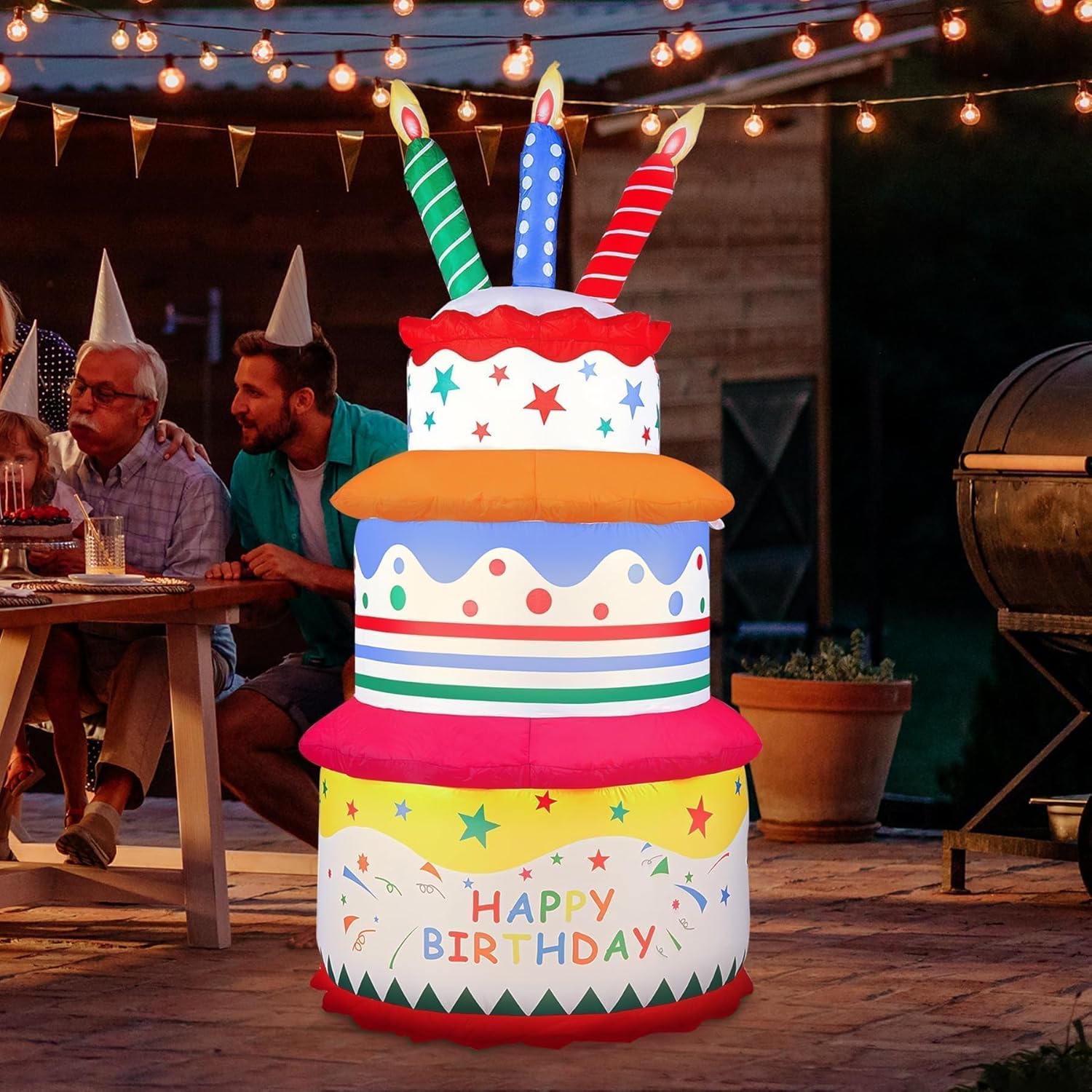 6 FT Birthday Cake Inflatable Outdoor Decoration, Blow Up Birthday Cake Outdoor Decorations with LED Lights, Inflatables Cake Decor for Party Yard Garden Patio Lawn