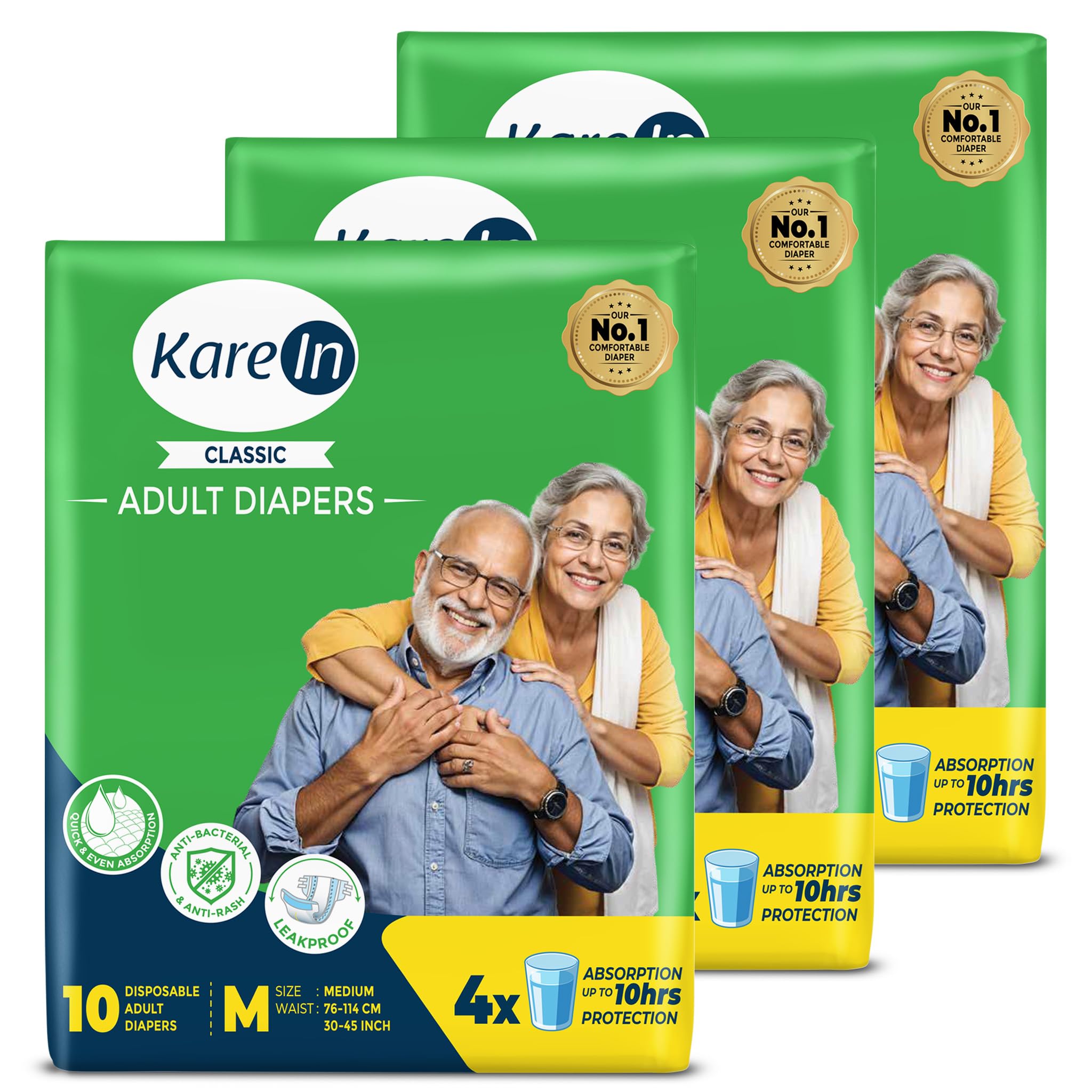 KareIn Classic Adult Diapers, Medium, Waist Size 76-114 Cm (30"-45"), 30 Count, Tape Style, Unisex, High Absorbency, Leak Proof, Wetness Indicator, pack of 3