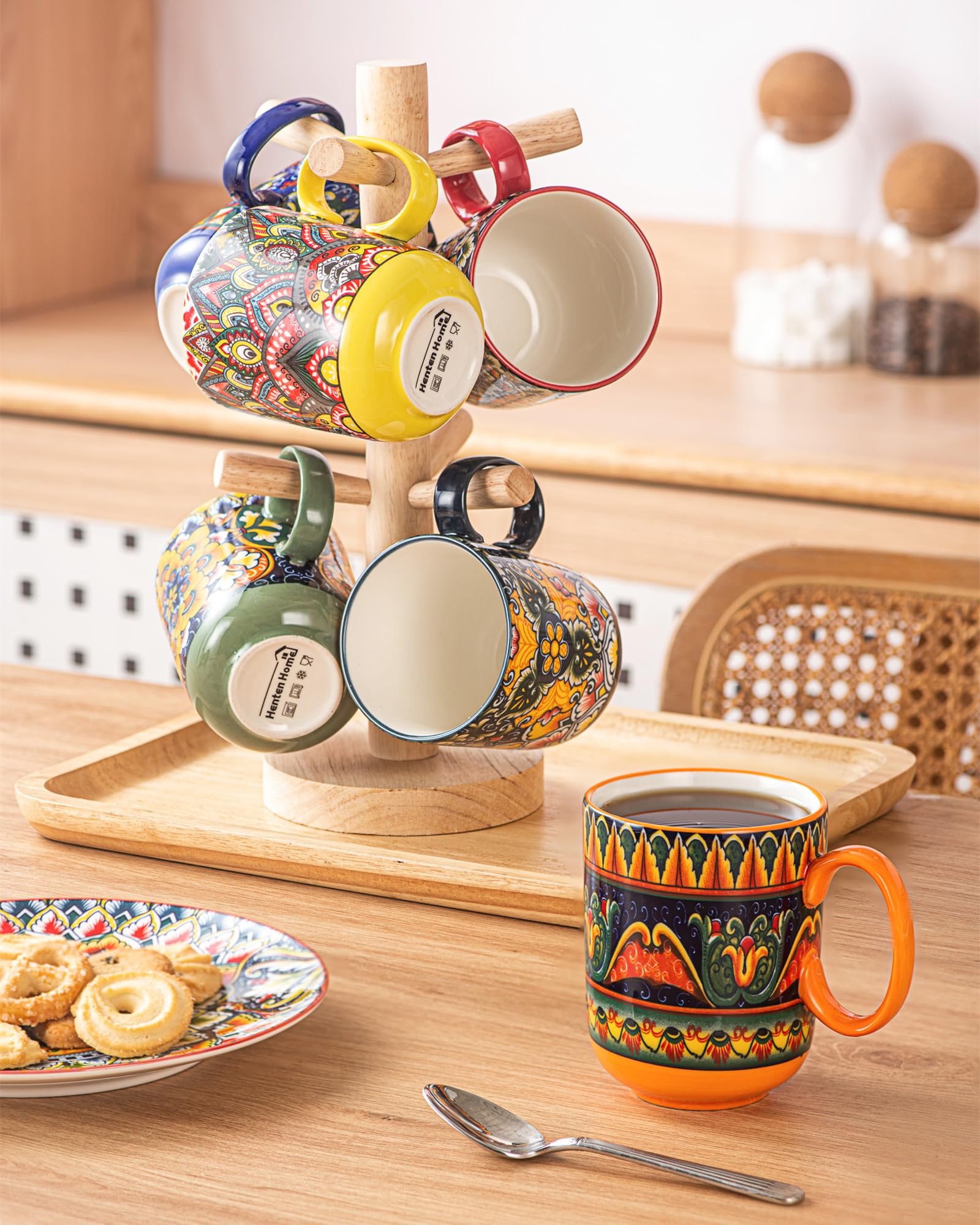 Henten Home Lot de 6 Grandes Tasses à Café en Porcelaine, 400ml Mugs avec Anse pour Thé, Café, Lait, Cappuccino, Résistant au Lave-vaisselle et Micro-ondes
