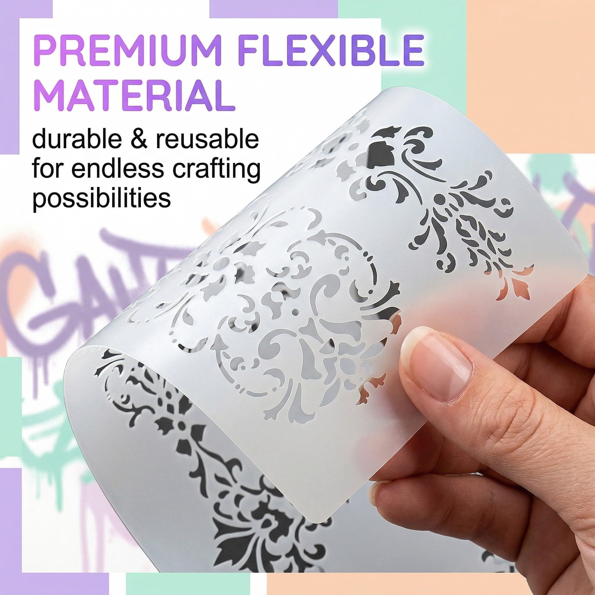URYVAIW Stencil Ornamenti, Set da 6, Stencil Riutilizzabili in PET, per Mobili, Pareti & DIY, Motivi di Fiori & Angoli, 16x24cm & 12x18cm - 4