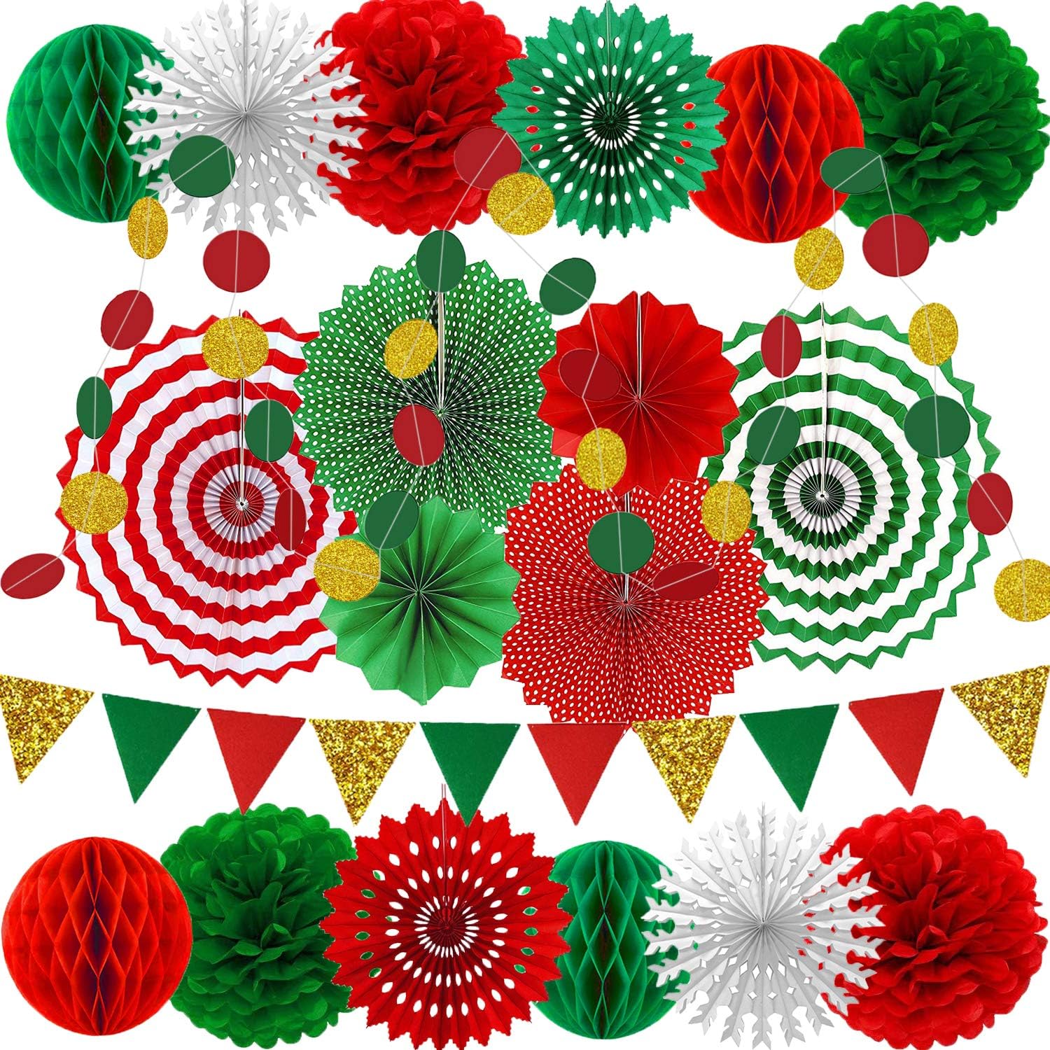 Christmas Party Decorations Paper Fans,Garlands String Circle Dot,Triangle Bunting Flags, Honeycomb Ball,Paper Tissue Pom Poms,Party Supplies for Christmas Birthday Wedding Baby Shower Christmas Party Decorations Paper Fans,Garlands String Circle Dot,Triangle Bunting Flags, Honeycomb Ball,Paper Tissue Pom Poms,Party Supplies for Christmas Birthday Wedding Baby Shower