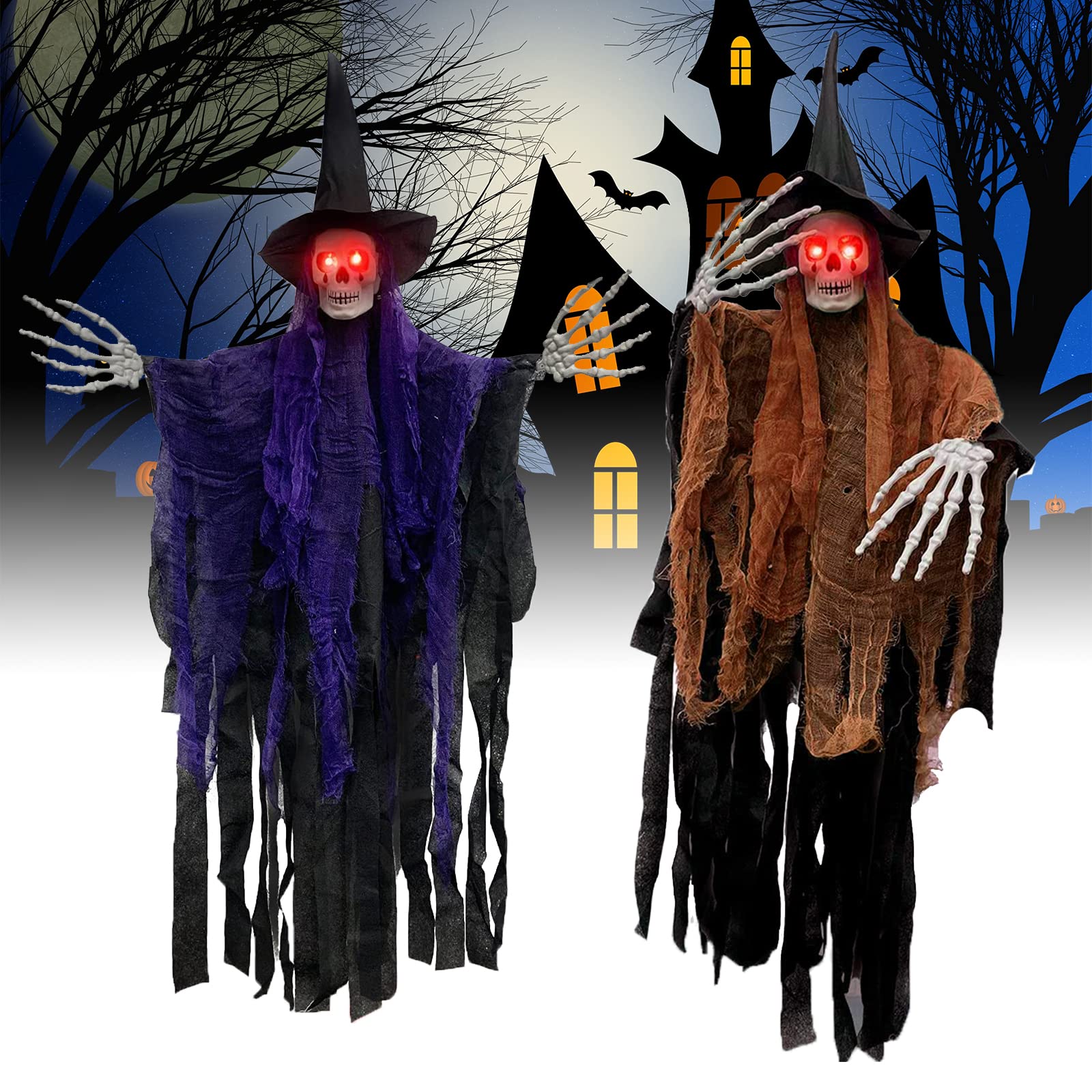 Lot De 2 Décorations Halloween Effrayantes - Squelettes Sorcières 105x80 Cm Avec Yeux Brillants - Pour Intérieur Et Extérieur